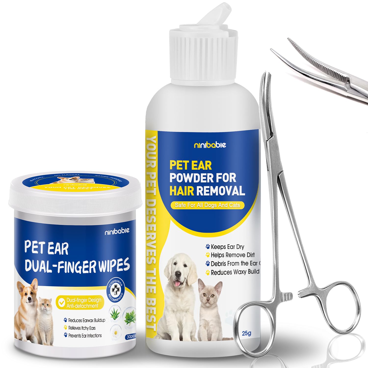 Dog Ear Hair Removal Tool, Dog Ear Infection Treatment with 5.5 Inch Curved Tweezers, Finger Wipes for Dog Ears, Ingredients