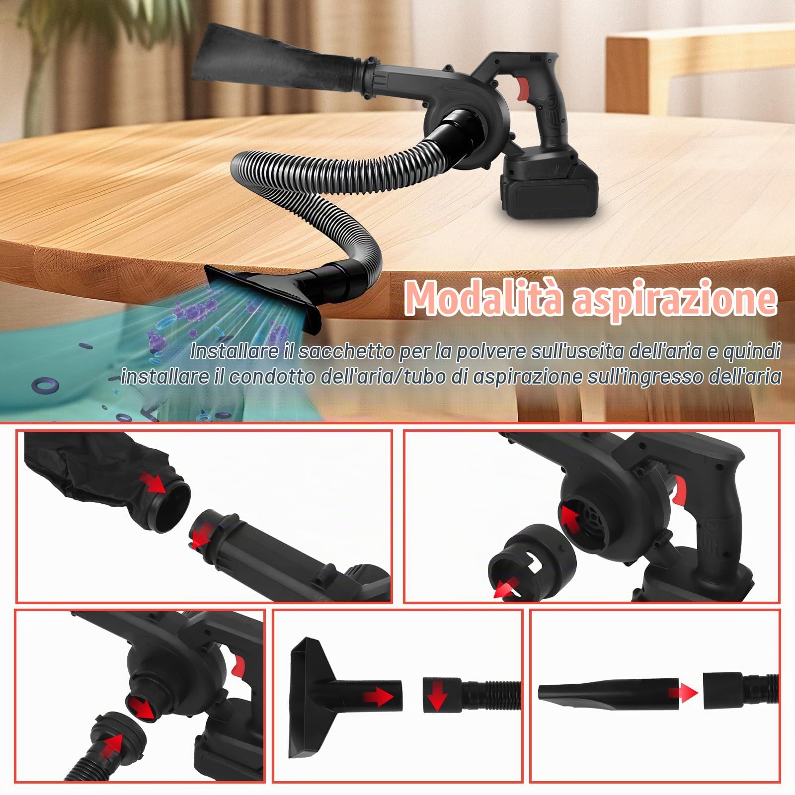Soffiatore a Batteria, 2 in 1 Soffiatore Aspiratore Foglie Elettrico Soffione per Foglie Giardino a Batteria Aspirafoglie per la Cura del Prato/Auto/Angolo di Pulizia Della Polvere