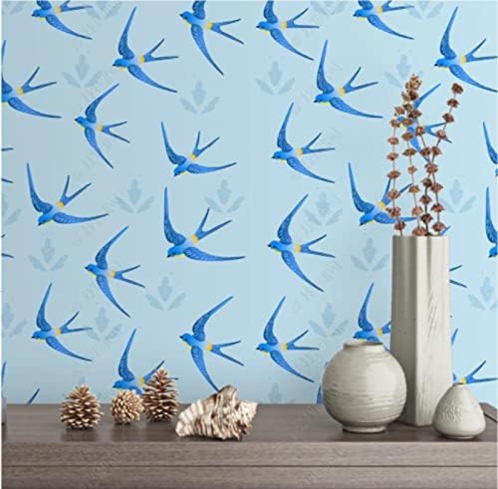 Papier Peint 3D Intissé XLMING Bleu Oiseaux Revêtement Mural Haut de Gamme Salon