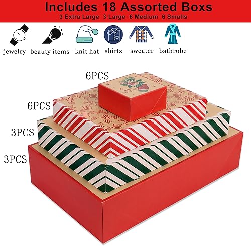 Miniatura 4 de POPGIFTU 18 cajas de Navidad de papel kraft con tapas para regalos (4 tamaños y 18 diseños), cajas de regalo de Navidad a granel con etiquetas