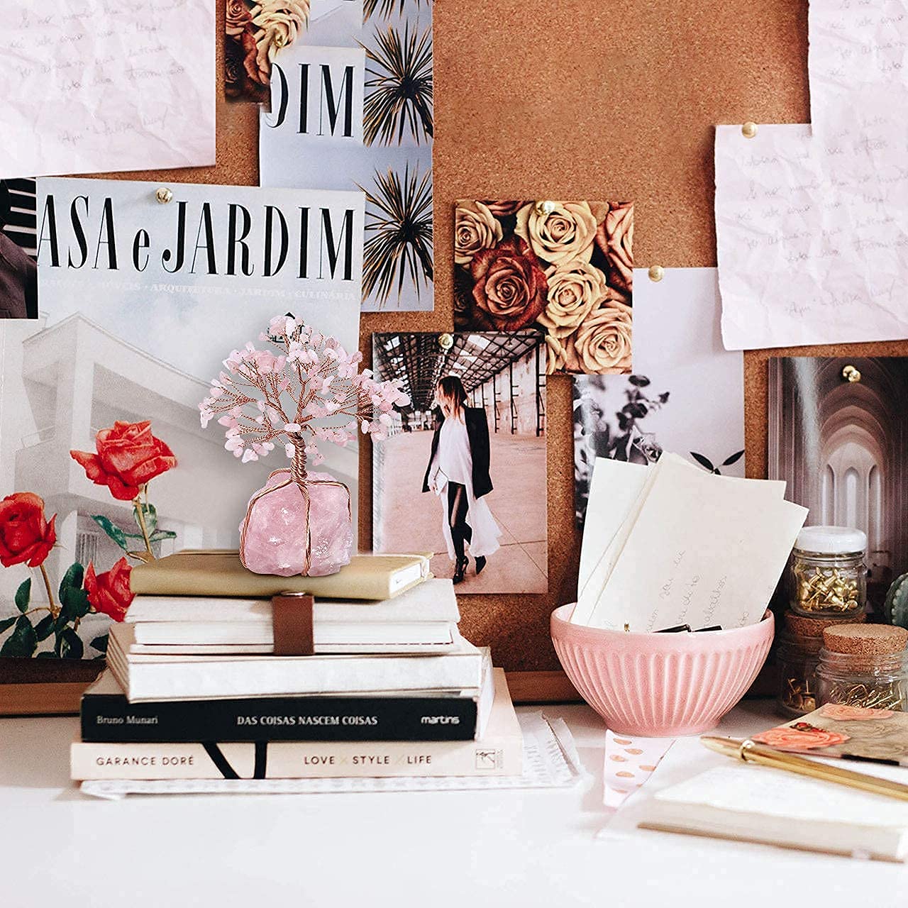 GEHECRST Natural Rose Quartz Healing Crystal Stone Tree Handmade Wire Wrapped Natural Quartz Crystal Gemstone Feng Shui Money Tree Ornament for Home Office Desk Deco Gifts for Mom Mother's Day