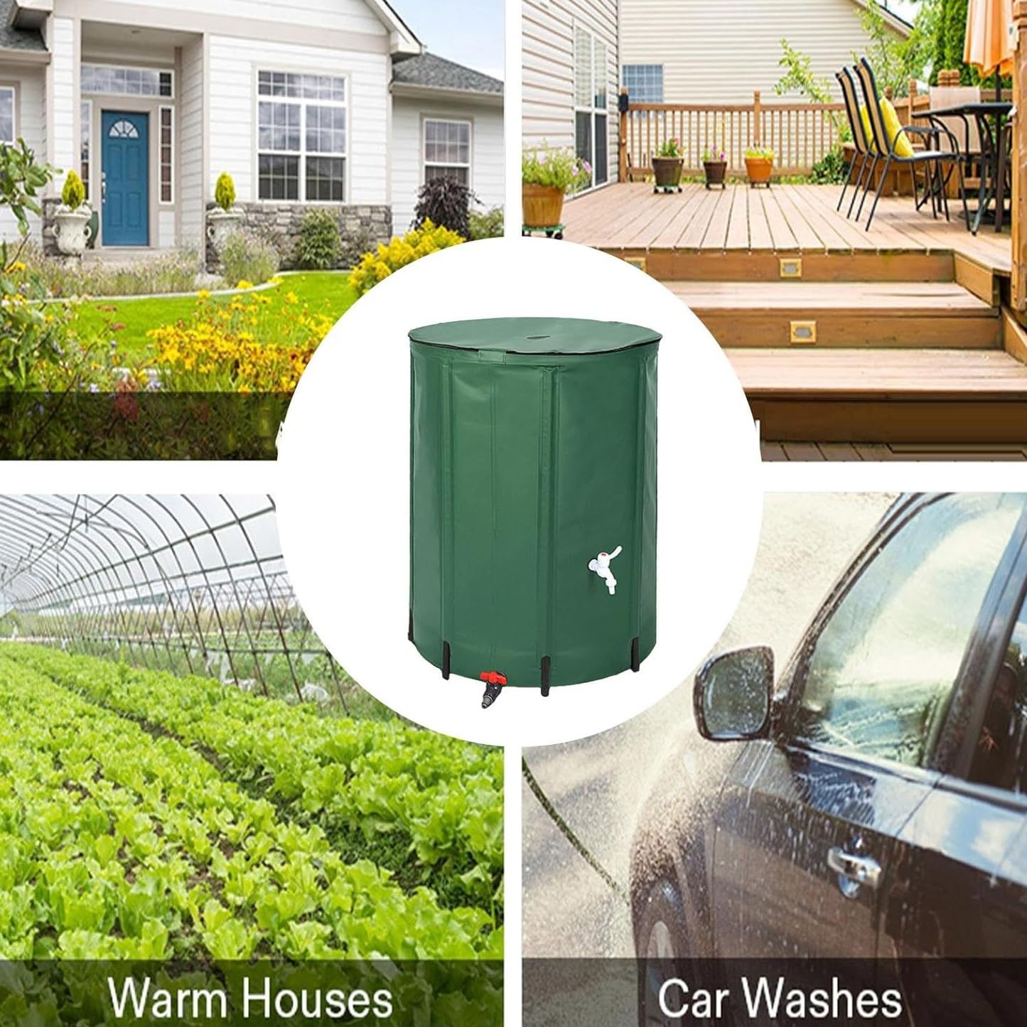 Depósito de agua portátil, colector de agua de lluvia plegable de 50 litros con parte superior de malla, barril de agua de jardín con tapa ER, soporte de drenaje y grifo, ideal para uso en exteriores