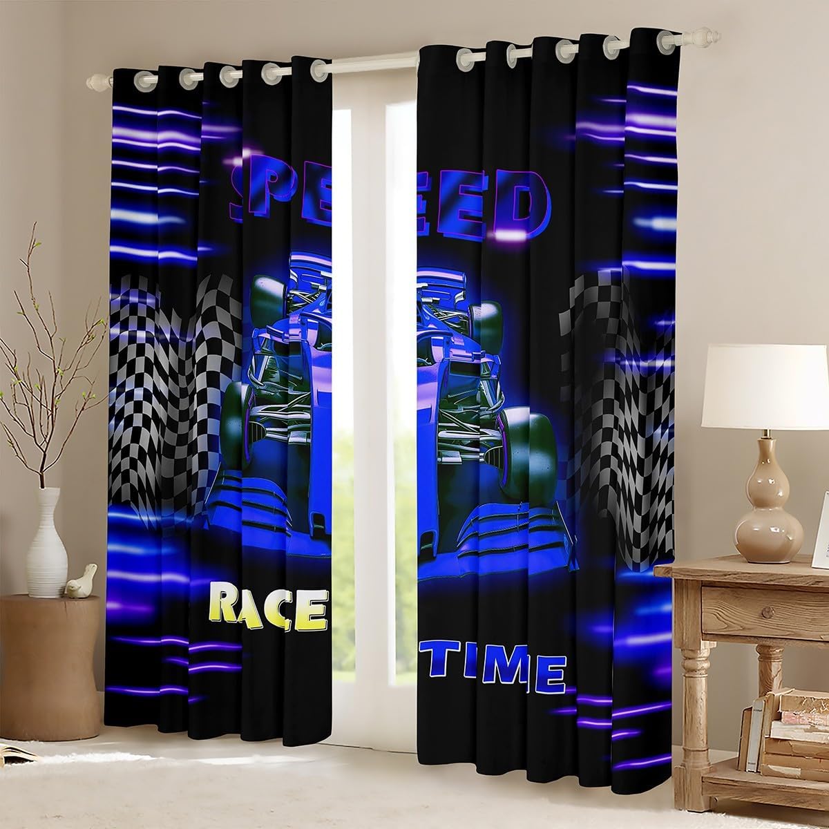 Feelyou Fluorescent Green Race Car Window Drapes Race Sports Car Curtains for Kids Boys Extreme Sports Window Treatments 30%-50% Blackout Curtain 38W X 45L,2 Panels