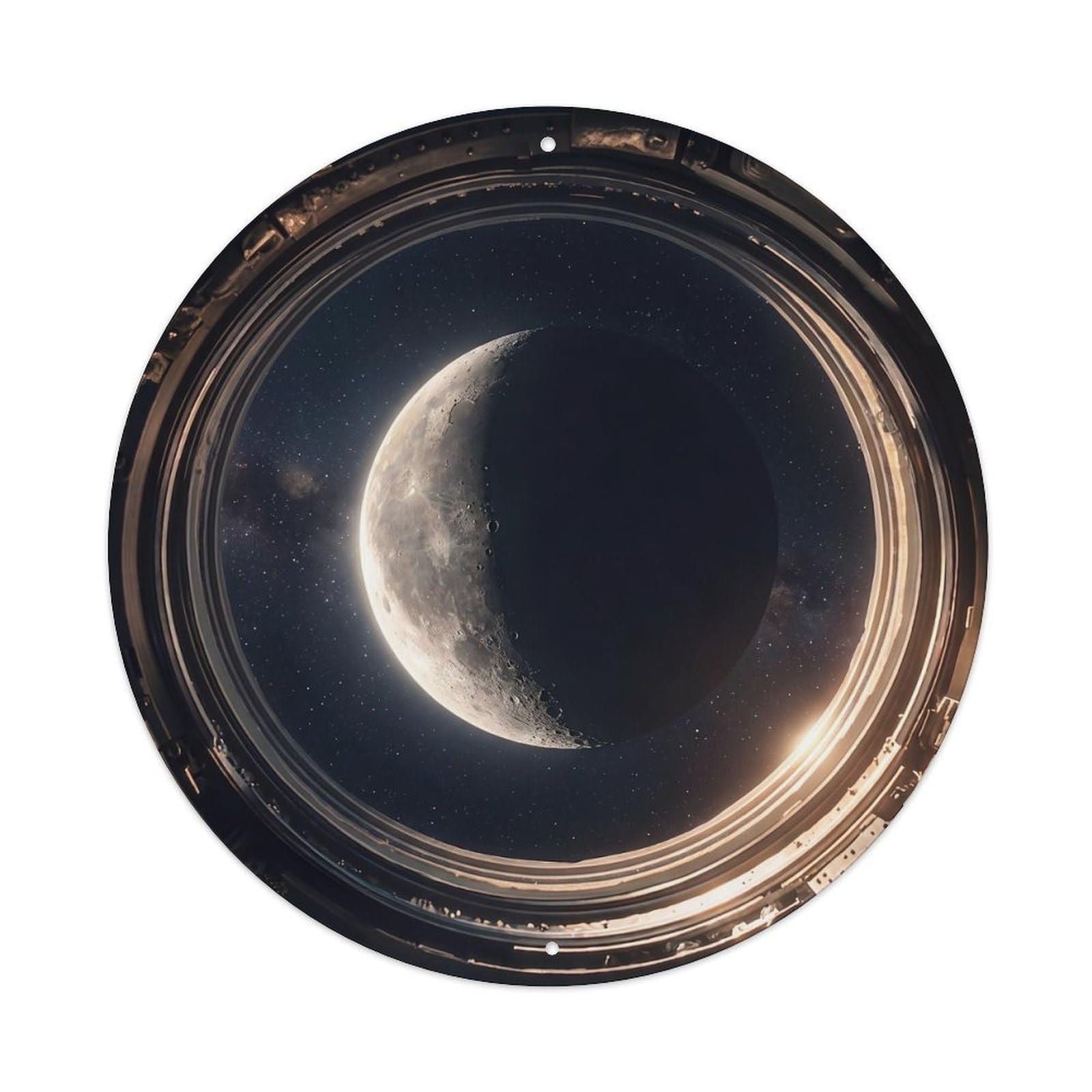 Metal Tin Sign Moon Crescent Phase from Space Station Porthole