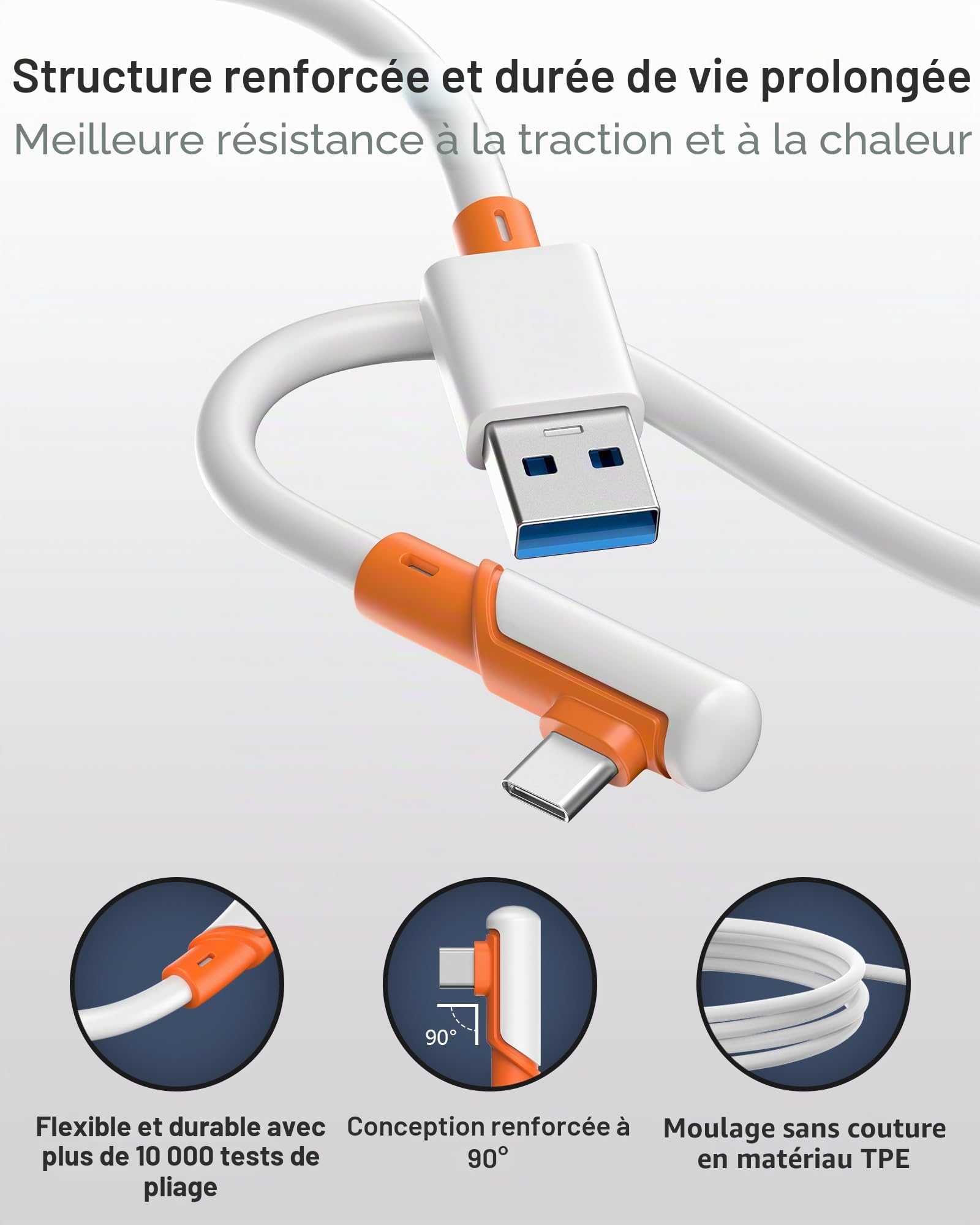 TRANSNOVO Câble Link USB 3.2 A vers C, 5M Compatible avec Meta Quest 3/2/Pico 4 et PC/Steam VR Accessoire, 5Gbps Haute Vitesse de Transmission de Données pour Casques de Réalité Virtuelle（Orange）