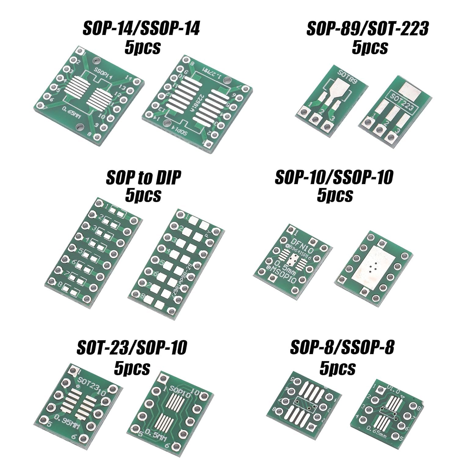 Harrisen 70 pezzi 12 tipi SMD a DIP Adapter PCB Board Kit SOP8 SOP10 DFN10 SOP14 SOP16 SOP20 SOP24 SOP28 SOP89/SOT223 SMT 0402/0603/0805 SOP24 con 10 54 mm. Adattatore