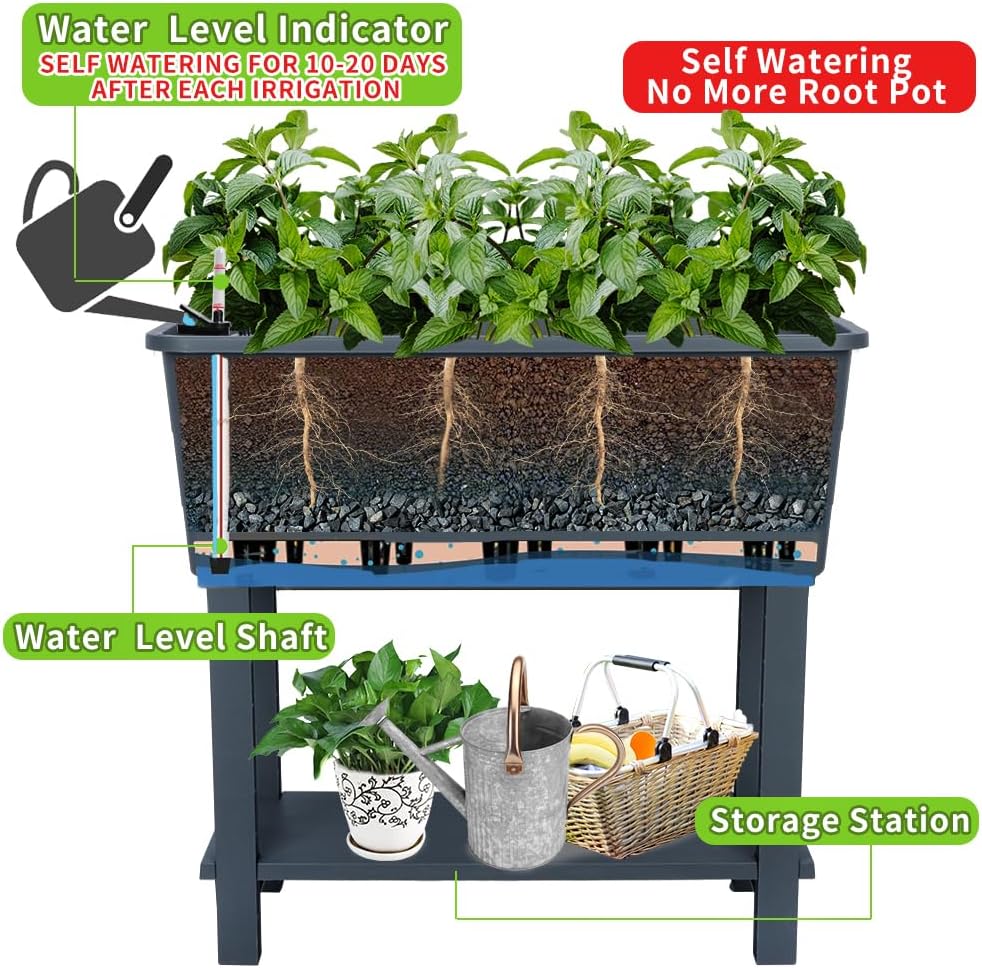 3 Pcs Self Watering Elevated Raised Garden Bed, Large Outdoor Plastic Planter Box Big Flower Plant Pot for Planting Flowers Vegetables and Herbs (3, Dark Grey)