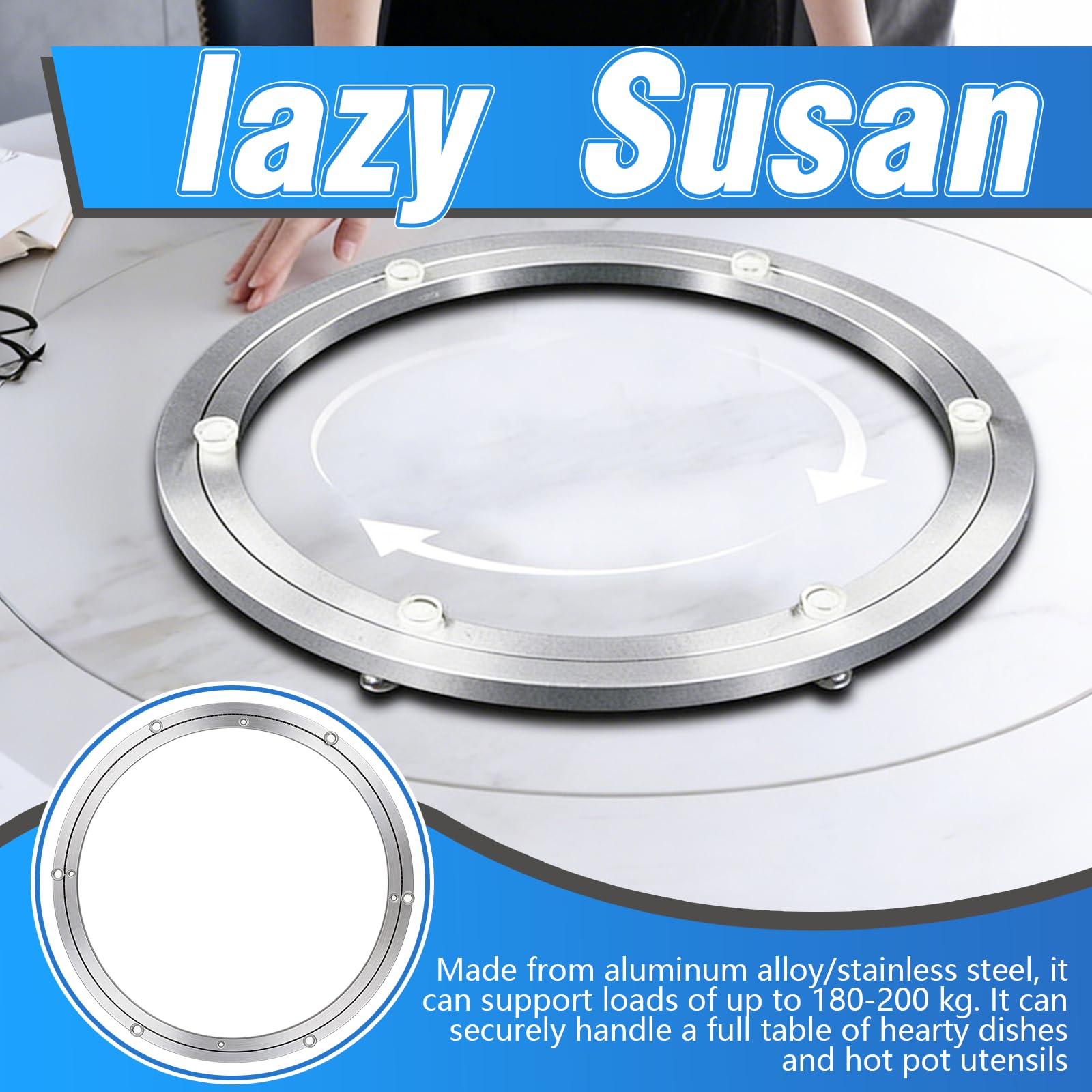 Plateau Tournant, Lazy Susan 50 cm (20 Pouces) Roulement Rotatif en Aluminium 360° Plateau Tournant Charge Lourde 180 kg avec Pieds Antidérapants pour Table Salle À Manger Support Écran