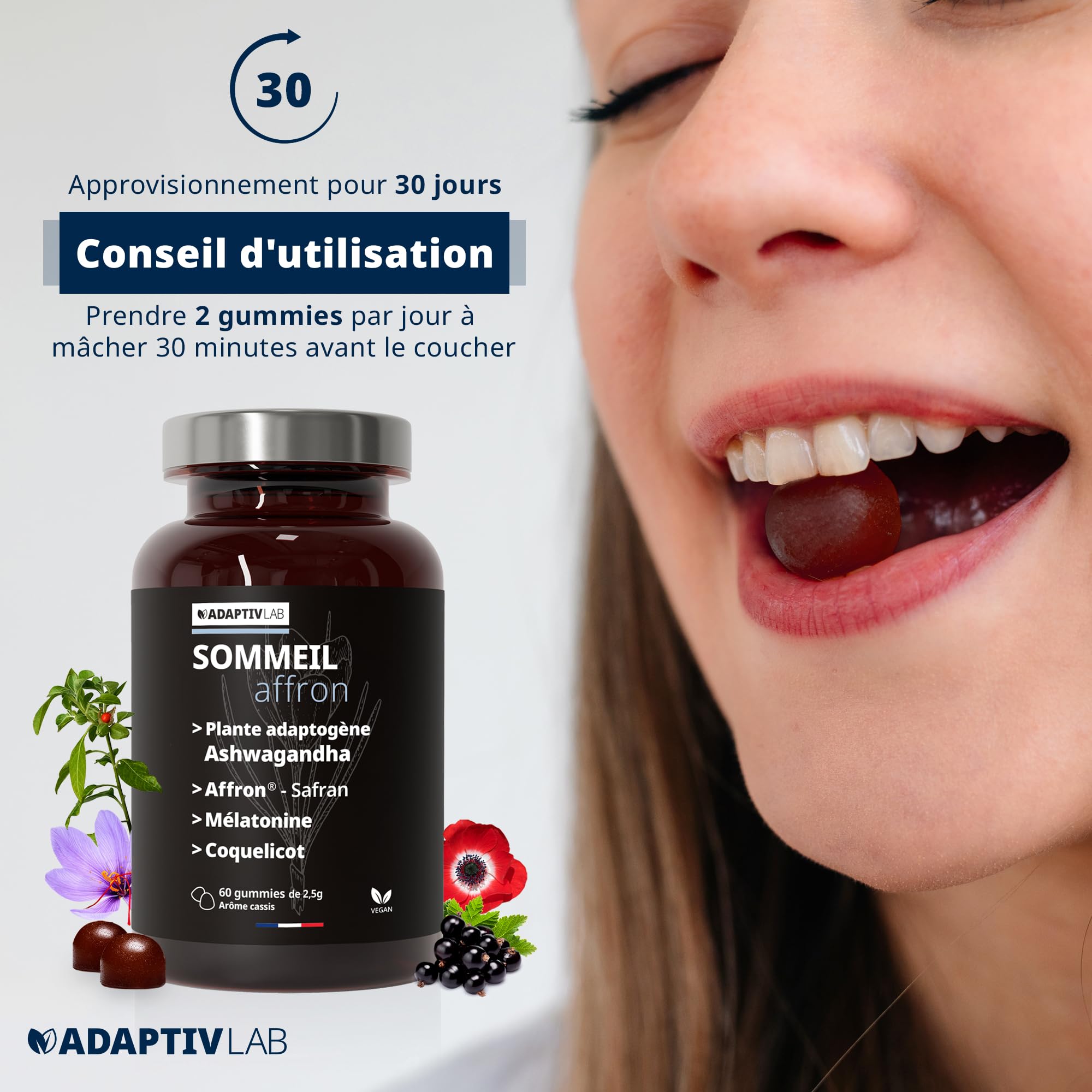 AFFRON - 60 Gummies Sommeil - Vegan et Végétarien Arôme Cassis Complement Alimentaire Adulte con Ashwagandha et Melatonine 1,9 mg Fabrique en France