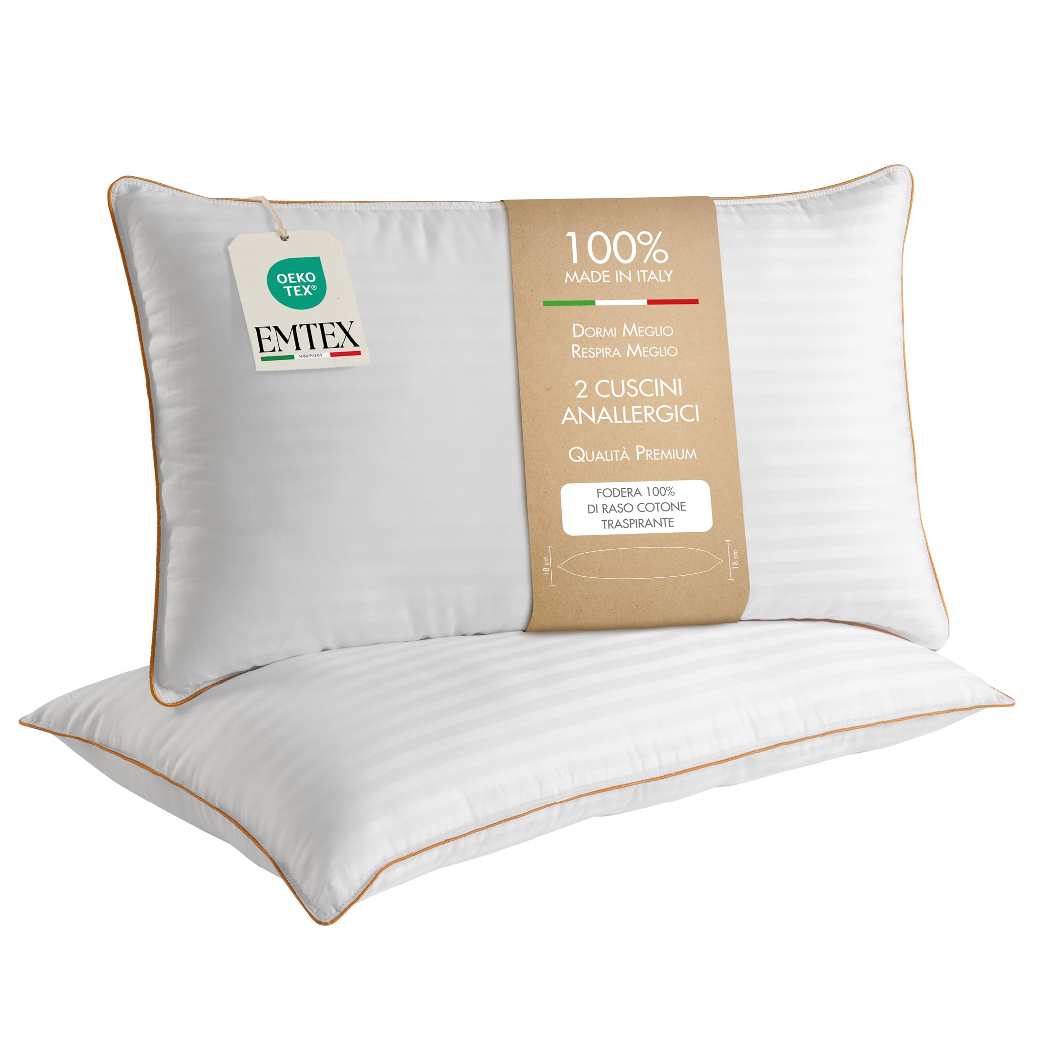 Cuscini Letto 100% COTONE ANALLERGICO Fibra Siliconica SET 2 Guanciali Morbidi e Traspiranti Cuciture Premium Made in Italy (2, CUCITURA ORO)