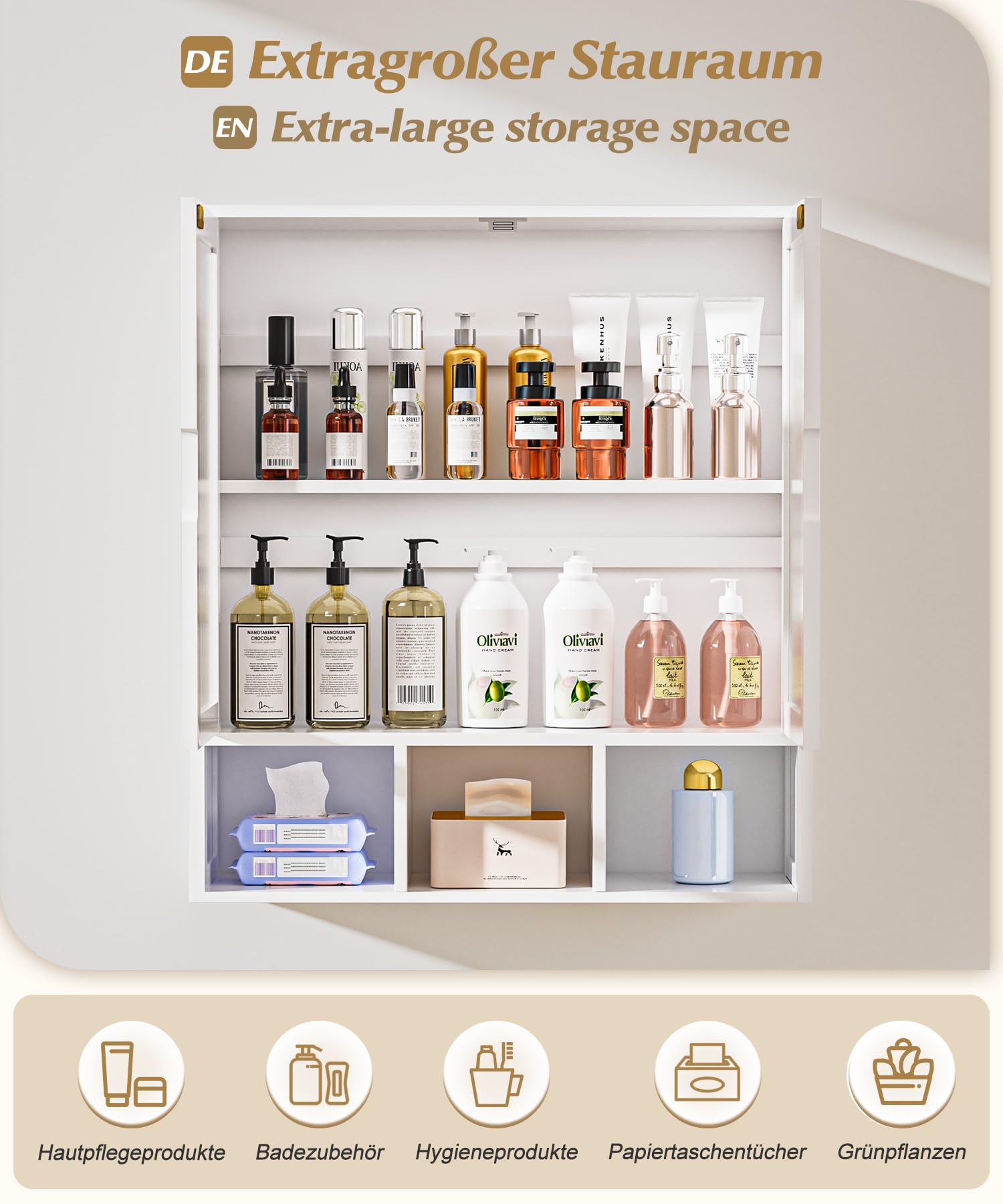 YORBAY Armario de Baño Pared con 2 Puerta Magnética Transparente y Compartimento Abierto, Armario Botiquín de Bambú para Baño, Alacena de Colgar Que Ahorra Espacio, 22 x 59 x 66 cm (Blanco)
