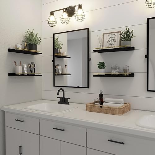 Miniatura 4 de WOPITUES Estantes flotantes con riel de metal dorado, juego de 4 estantes para decoración de pared, estantes de pared de madera modernos para baño,