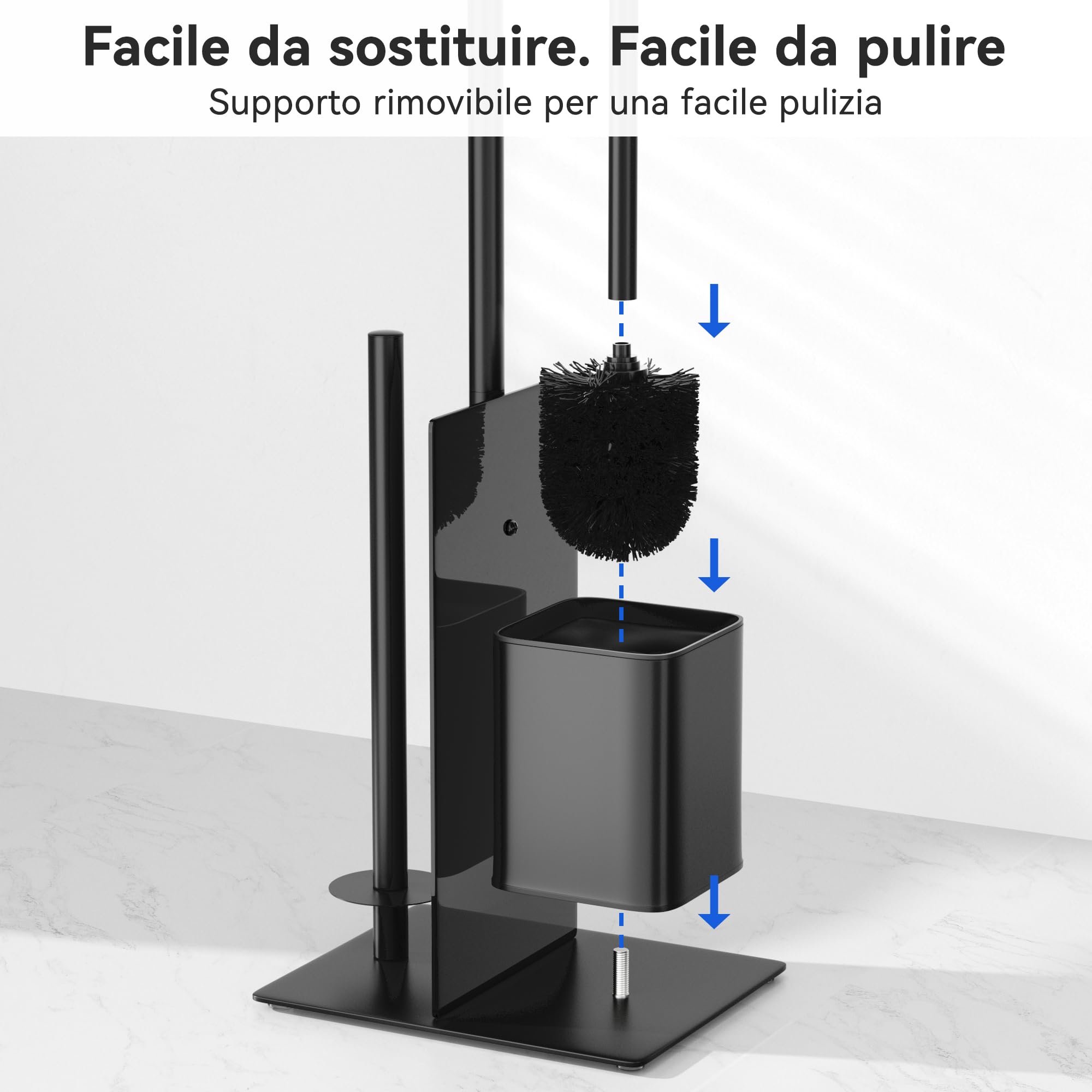 Susswiff Piantana Portarotolo e Scopino - Porta Carta Igienica Nero con Vetro, Acciaio Inox Portarotolo Carta Igienica con Spazzolino WC, Porta Rotoli Cartaigienica Bagno con Porta Scopino, in Piedi