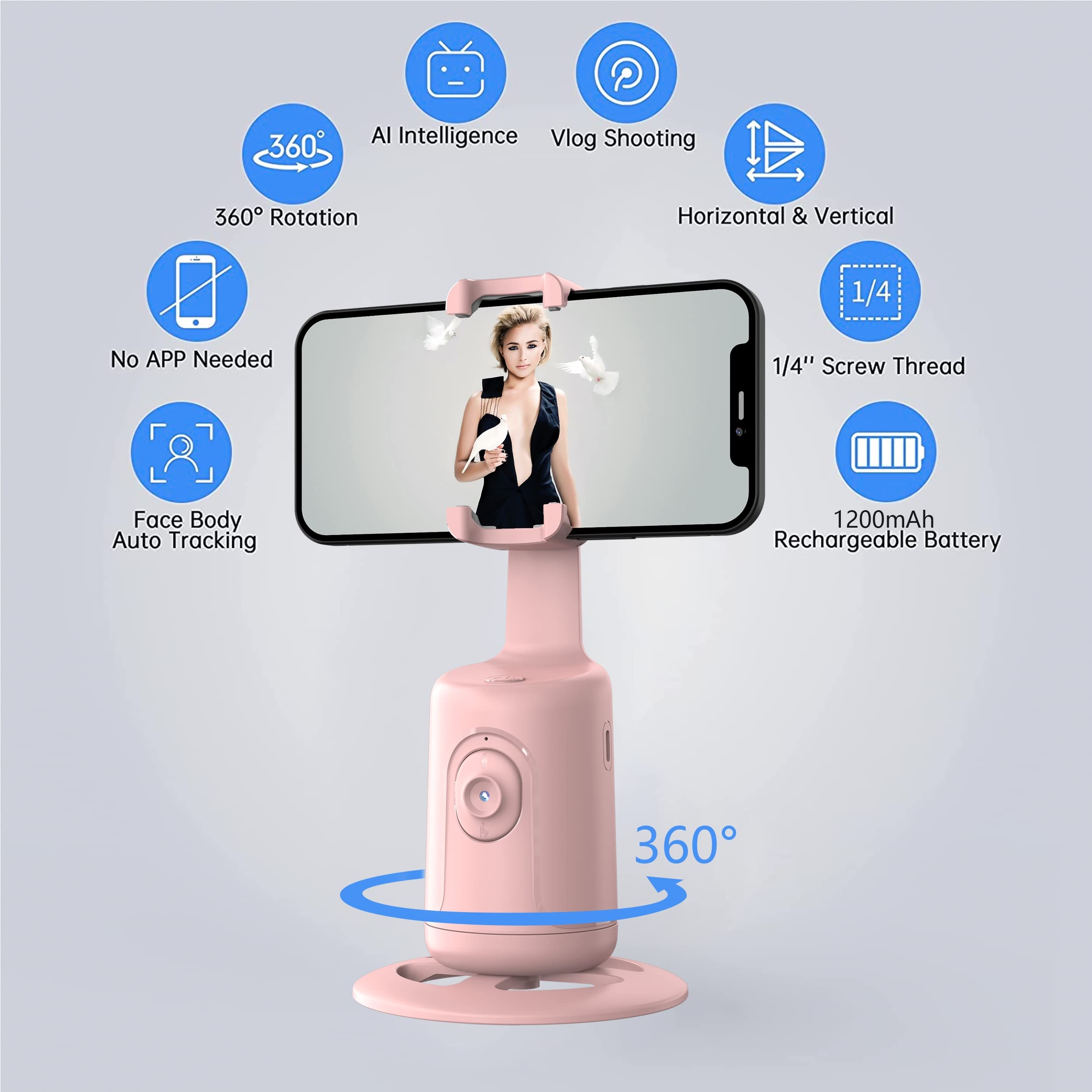 Auto Face Tracking Tripod, 360?? Rotation Face Body Phone Camera Mount Smart Shooting Phone Tracking Holder with Remote,No App, Gesture Control,Smart Shooting Holder for Vlog, Streaming,Tiktok-Pink