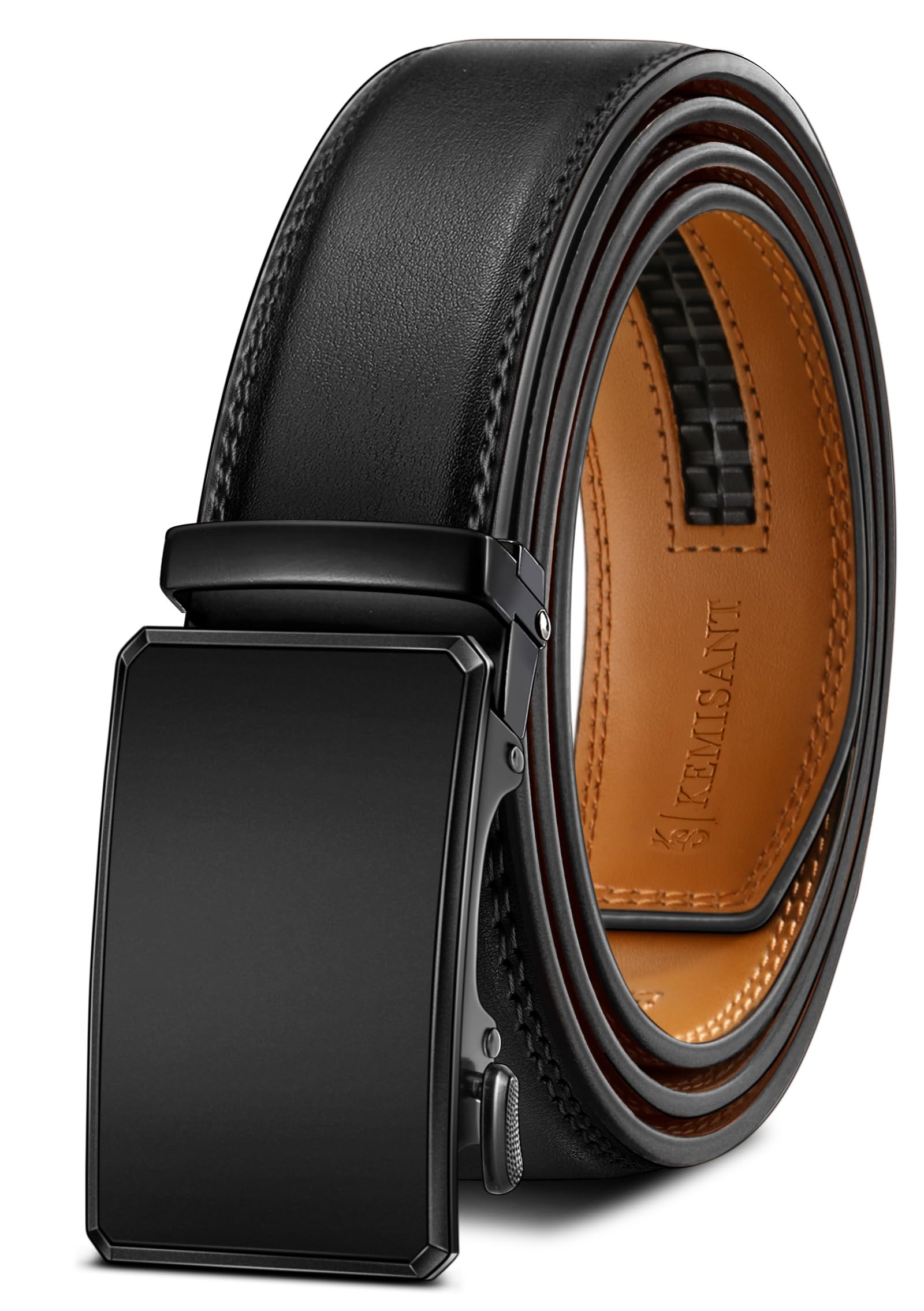 KEMISANT Gürtel Herren Gürtel Rachet Ledergürtel Verstellbar Golfgürtel Dress Gürtel Casual Jeansgürtel 35mm-Breite für Perfekte Passform(Schwarz,150cm/44-52" taille verstellbar)