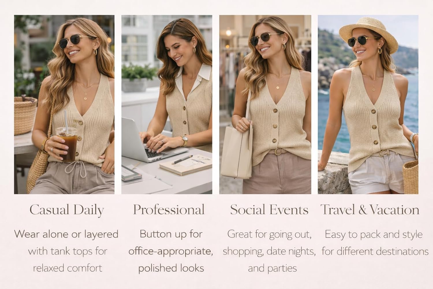 Womens Button-Front Sweater Vest Top V Neck Sleeveless Knit Tank Fitted Halter Raceback Cardigan Vest - Image 3