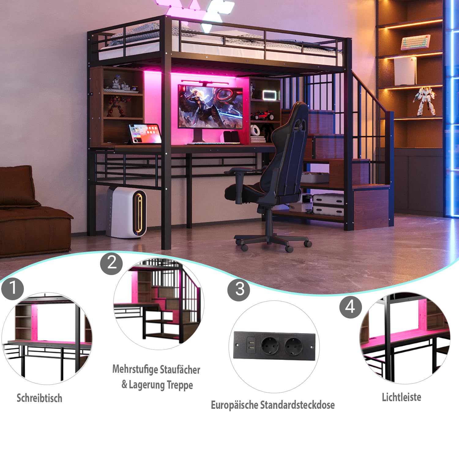 Soweiz Letto a soppalco 90 × 200 cm, con scrivania, presa europea e illuminazione a LED, scala di stoccaggio (montaggio a sinistra/destra), alta griglia di protezione, letto singolo, telaio in ferro