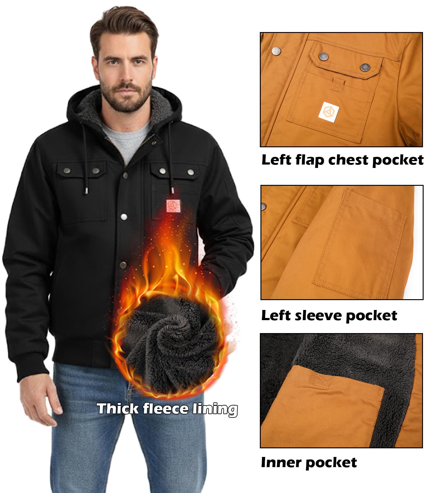 CARWORNIC Chaqueta con capucha para hombre, chaqueta de invierno, forro polar, de algodón, cortavientos, informal, chaqueta de trabajo
