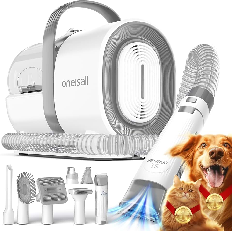 oneisall 狗美容吸塵器、寵物美容吸塵器帶剪指甲研磨機、1.5 公升塵杯狗除毛真空刷帶 7 件工具用於寵物除毛、家庭清潔（灰色） ISCC PLUS