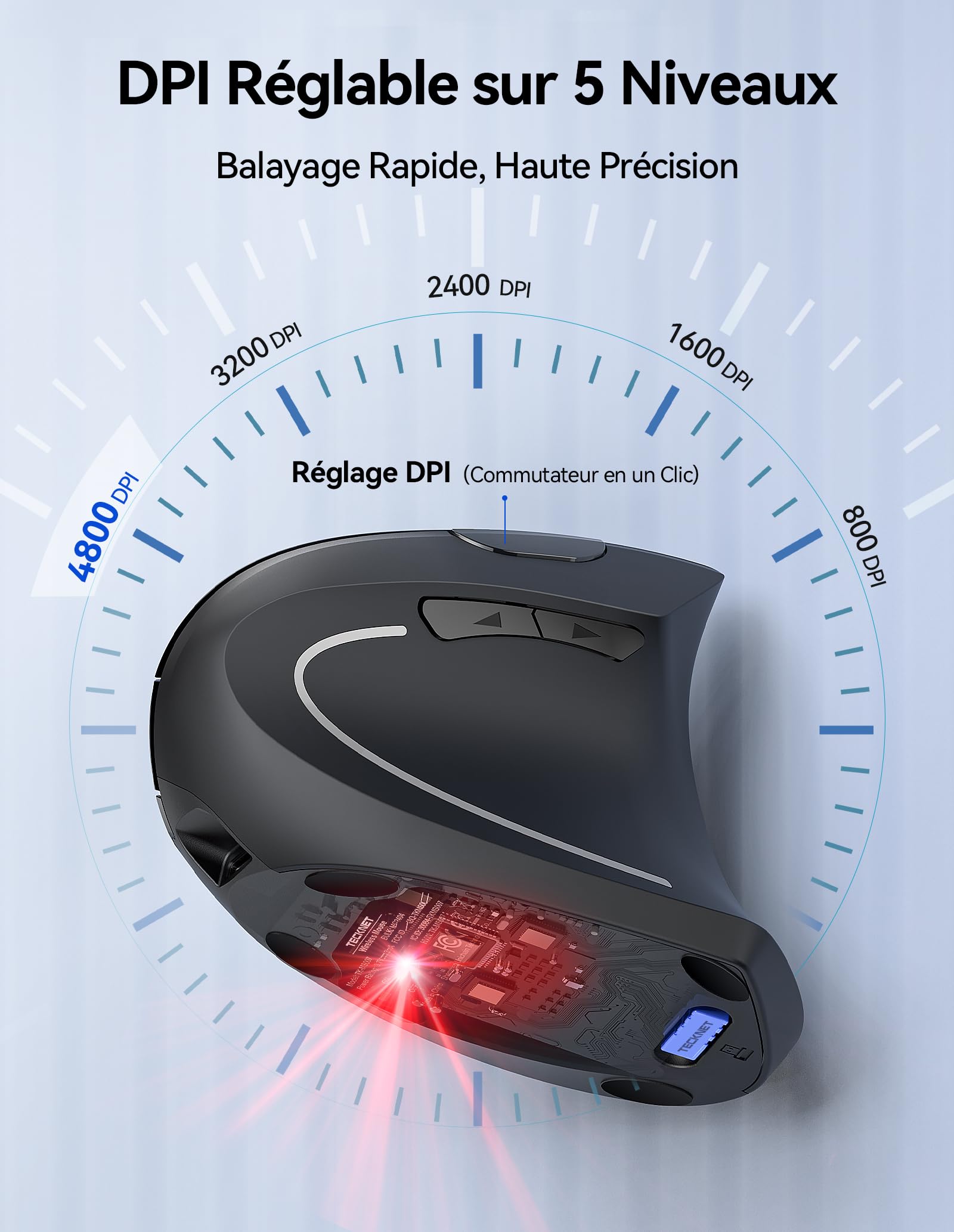 TECKNET Souris Ergonomique sans Fil Rechargeable 4800 DPI Réglable Silencieuse 2.4G 6 Boutons LED Noir