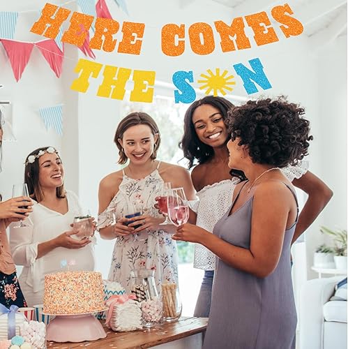 Miniatura 5 de Cartel pre-encordado de Here Comes The Son - NO DIY - Decoraciones de baby shower de sol - Cartel de fiesta de revelación de género con purpurina en
