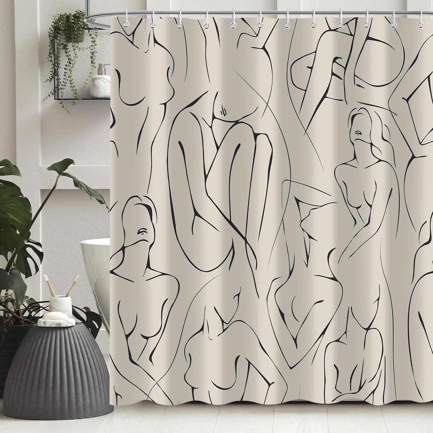 Body Shower Curtain, Abstract Line Texture Boho Bath Curtain Decor for Women, Polyester Fabric Waterproof Bathroom Decoration Accessory Set with 12 Hooks 72X78 inch