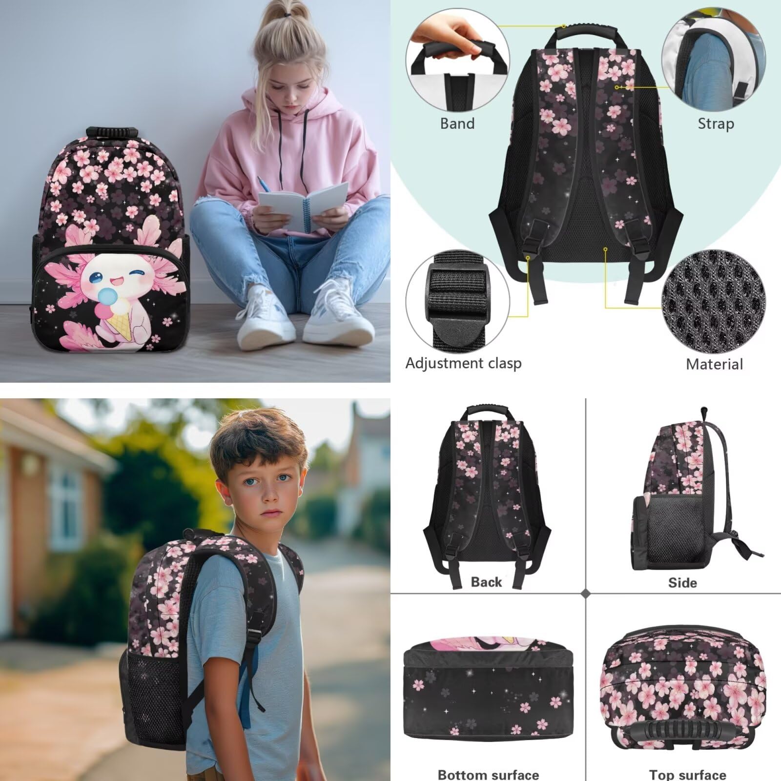 COEQINE Simpatico zaino per la scuola Axolotl con borsa per il pranzo per bambini, 5 pezzi, borsa per libri scolastici, portapenne, portaposate, Gelato Axolotl ai Fiori di Ciliegio Nero