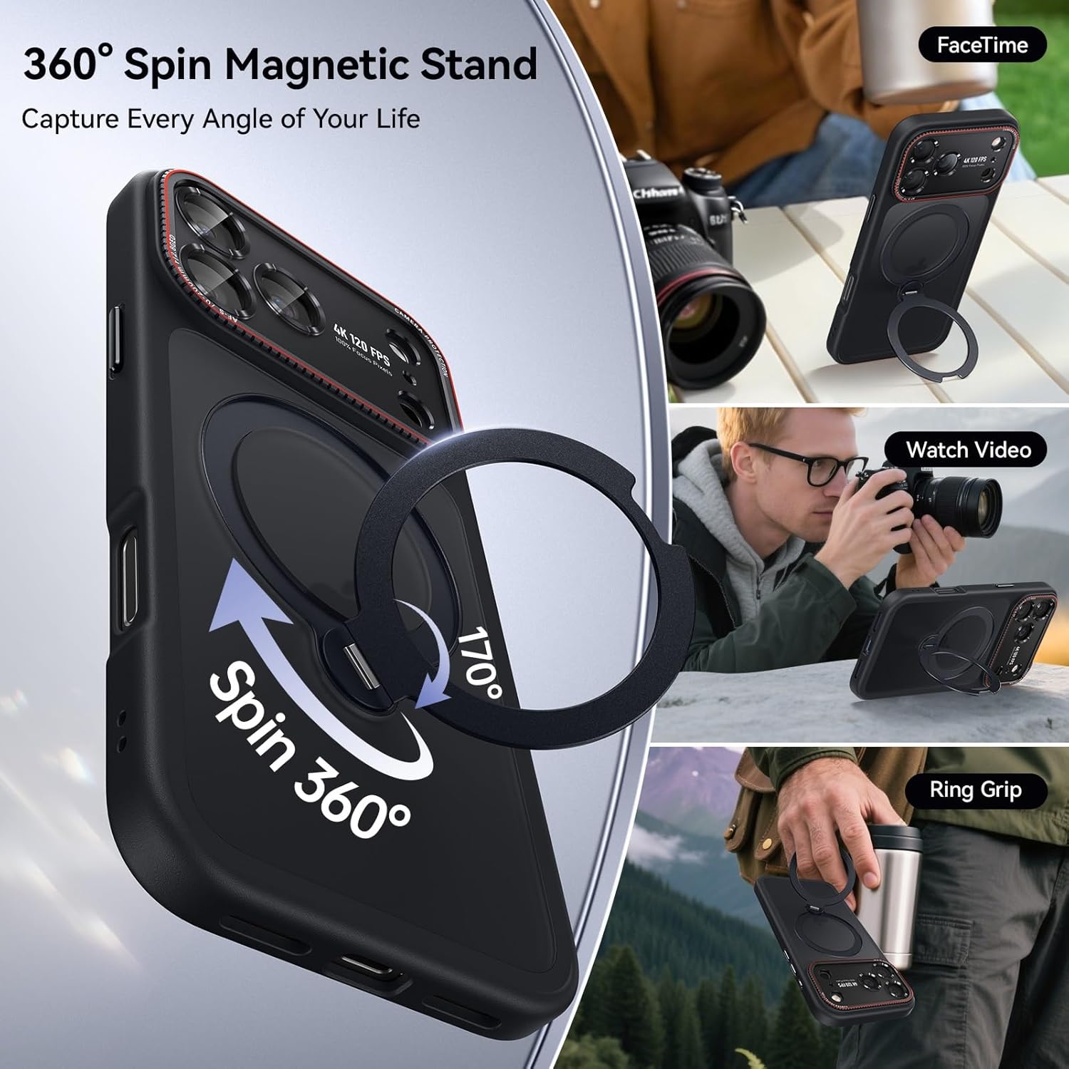 for iPhone 17 Pro Case: 360 Spin Magnetic Stand, Camera Protection (Compatible with MagSafe) [18FT Military Protection] Shockproof Matte Translucent Phone Cover for iPhone 17 Pro 6.3", Black - Image 3