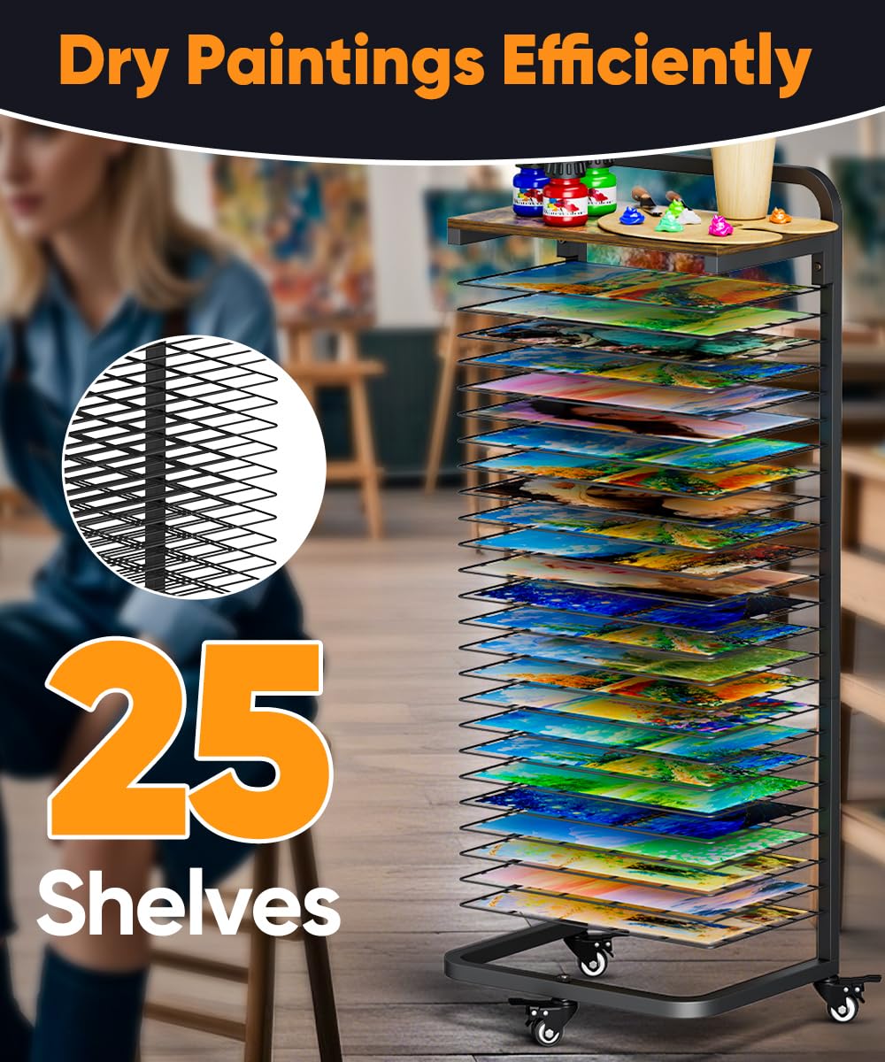 mocomax Estante de secado de arte con tablero superior, soporte móvil de secado de pintura con 25 estantes extraíbles, estante de almacenamiento funcional de lona con ruedas bloqueables para aulas y