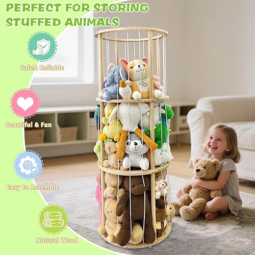 Miniatura 3 de Almacenamiento giratorio de madera para animales de peluche con tocadiscos y banda elástica, fácil de instalar, lindo soporte de madera para