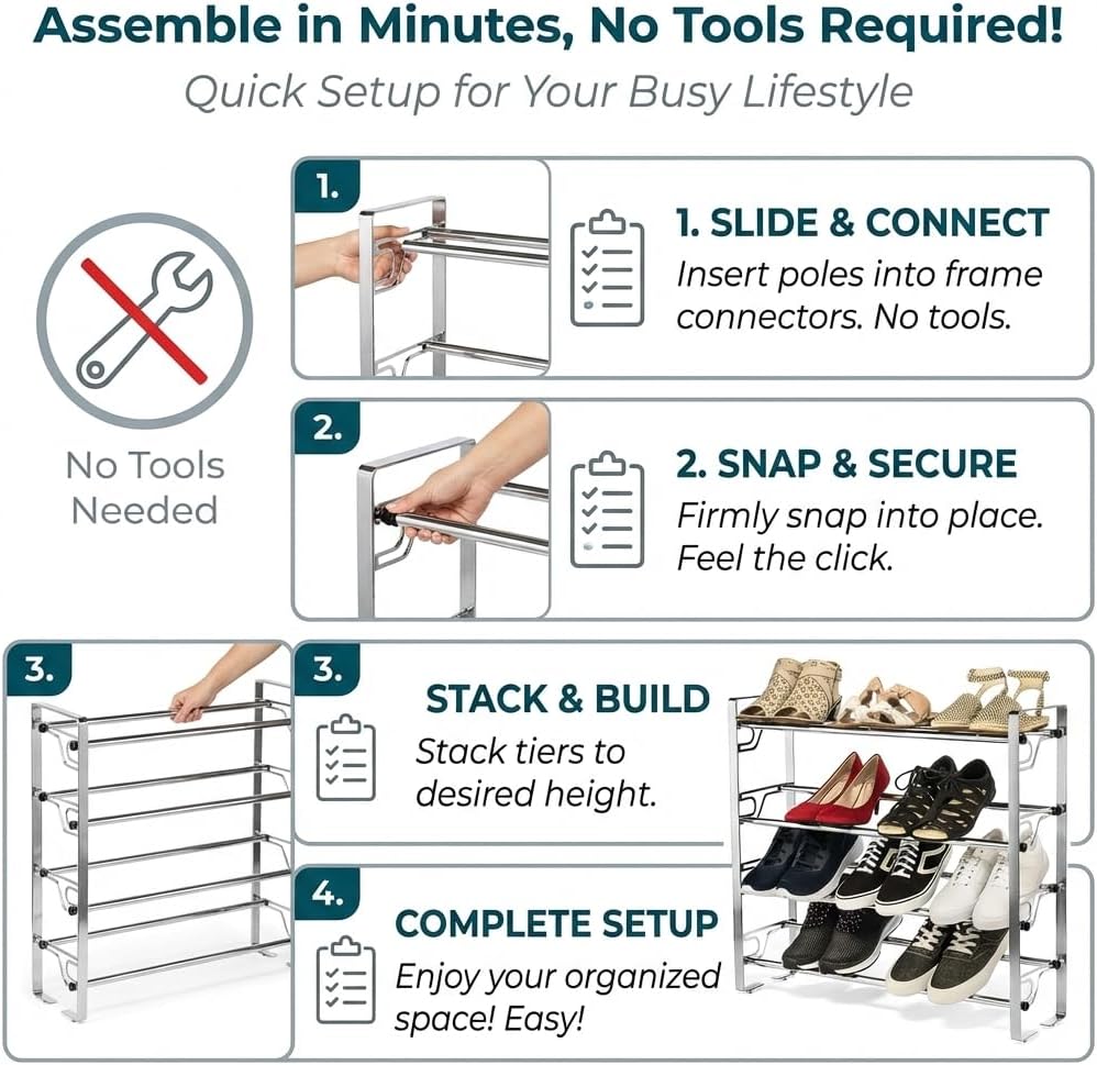 USTECH Free Standing 4-Tier Shoe Rack, Large Capacity Easy to Assemble Shoe Organizer for Closet, Bedroom & Entryway, Space-Saving Free Standing Shoe Storage Shelves, Closet Shoe Rack Organizer