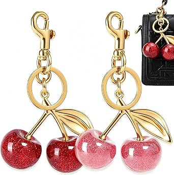 2 PCS Glitter Cherry Bag Charm Keychains Cute Key Chains Fashion Cherries Bag Accessory for Women Girls Purse Bag Backpack Handbags Key Decorate Accessories Red, Pink