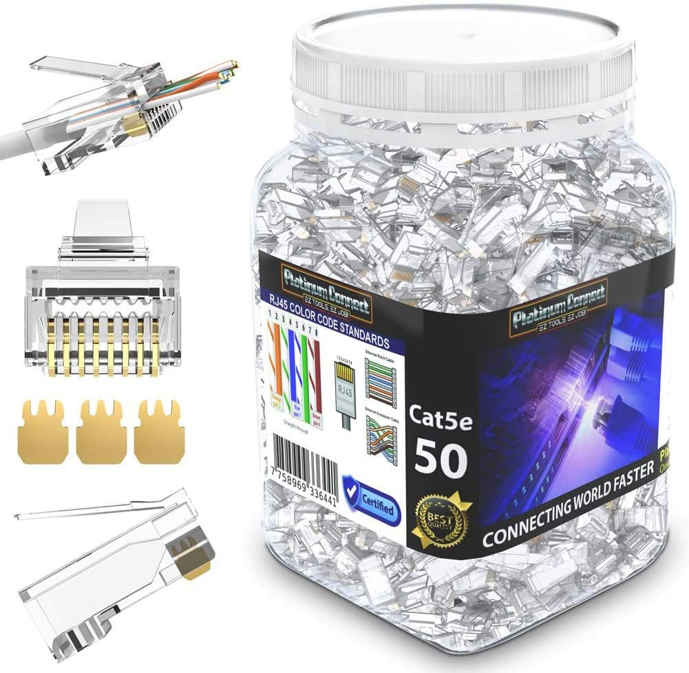 RJ45 CAT5 CAT5e Passthrough Connectors (50 PCS),Gold Plated 3 Micron 3u, High Performance 3 Prong Pins (CAT5/5e/50 PCS) (Packaging may vary)