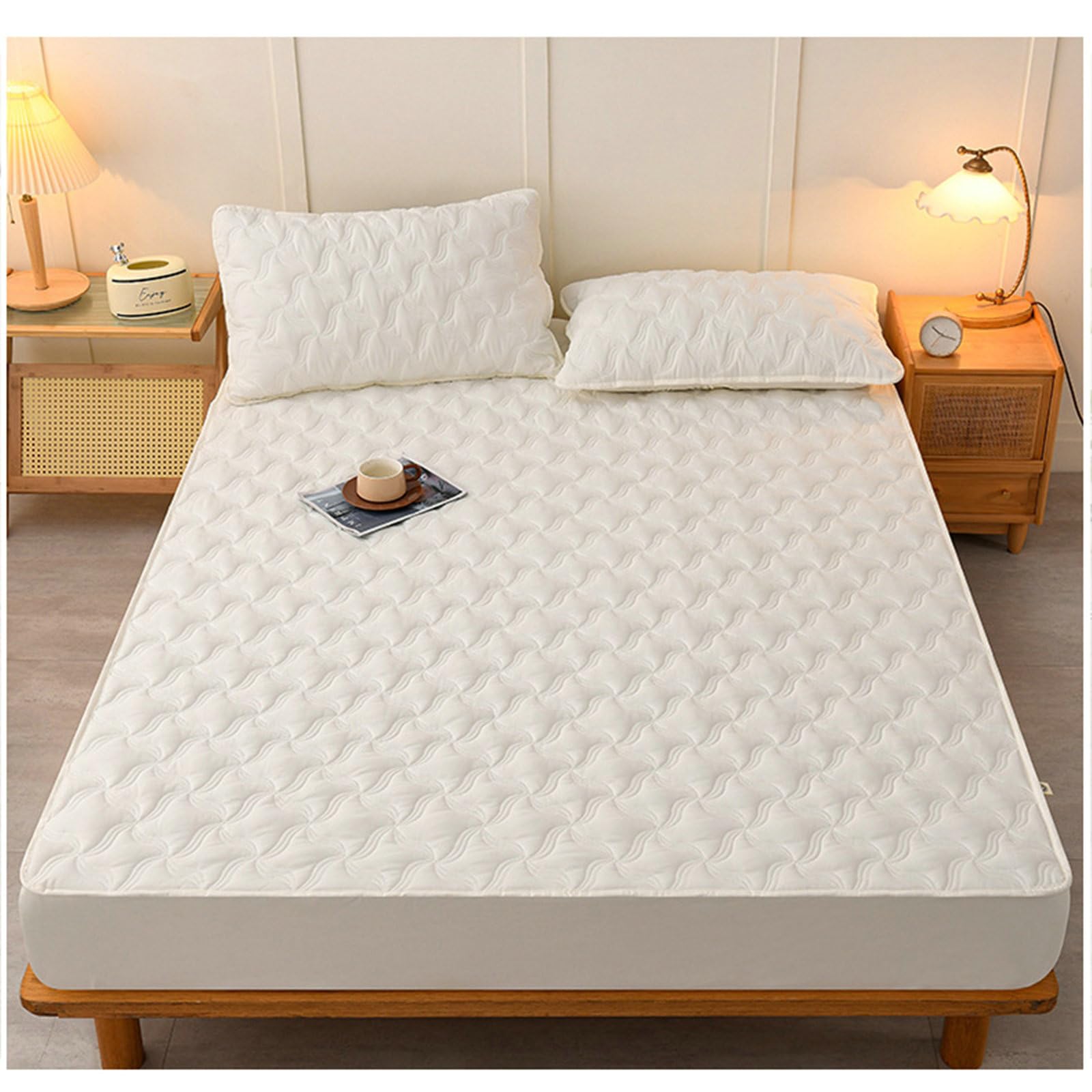 Lenzuolo con Angoli 180 200, Lenzuolo Con Angoli con 2 Federe in Cotone lavato Motivo geometrico Morbido e Lavabile in Lavatrice, Beige Bianco, 180 x 200cm + 30cm