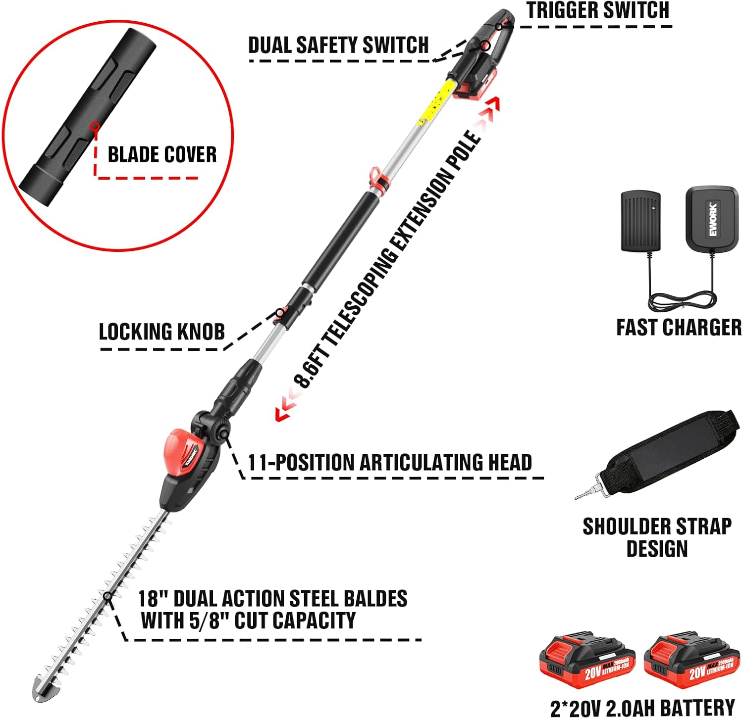 EWORK 20V Cordless Pole Hedge Trimmer with 2 Batteries and Charger, 18-Inch Blade Pole Trimmer, 6.3Ft-8.6Ft Extended Reach, 11-Angle Pivoting Head, Lightweight 6 LBS Battery Powered Bush Shrub Cutter