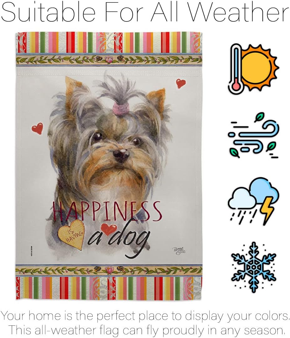 Breeze Decor Yorkshire Happiness House Flag Dowel Set Dog Puppy Spoiled Paw Canine Fur Pet Nature Farm Animal Creature Decoration Banner Small Garden Yard Gift Double-Sided, Made in USA