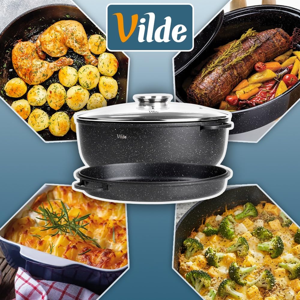 Vilde Granitowa patelnia z pokrywką 39 x 26,5 x 18 cm – brytfanna 8 l + 3,2 l – piekarnik 2 w 1 z grillem – powłoka granitowa, do kuchenek indukcyjnych, gazowych, elektrycznych