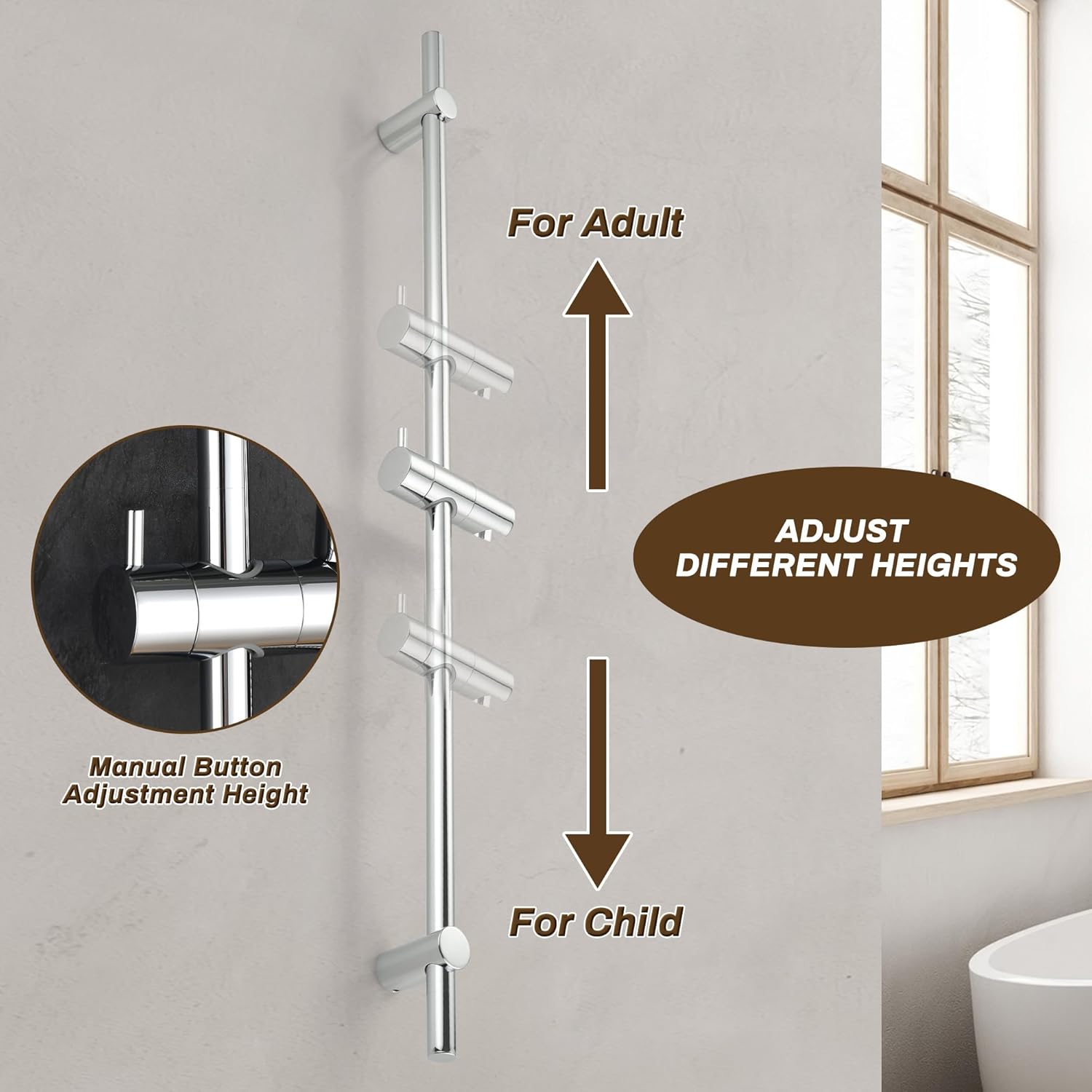 Shower Slide Bar System, 35.4 Inch Shower Bar Slide Set, 3-Function High Pressure Slide Bar Handheld Shower Head with 70.8 Inch Stainless Steel Hose, Brass Outlet Elbow-Chrome