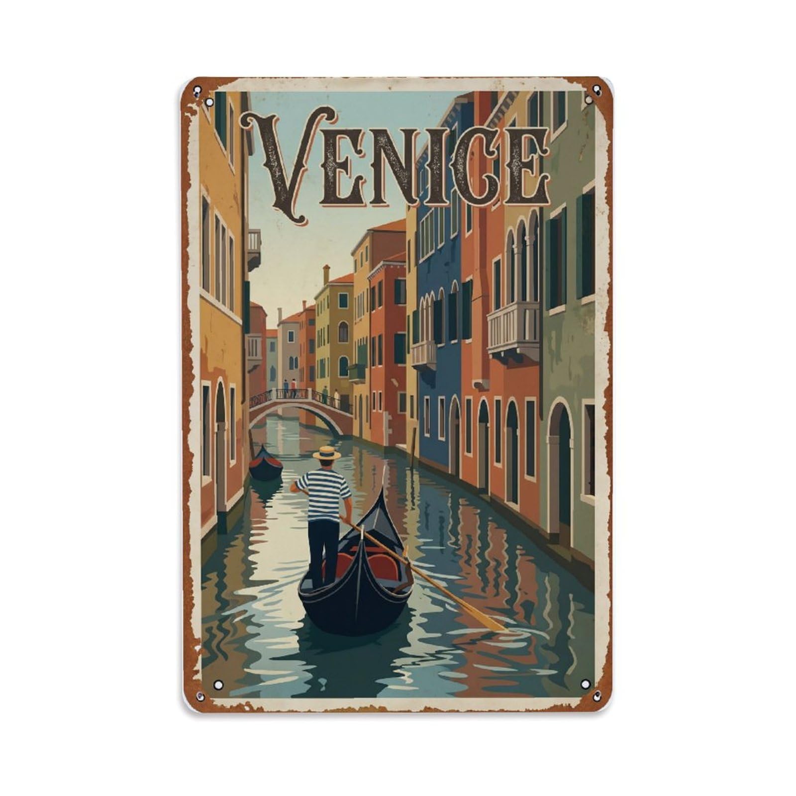 Vintage Travel Venice Gondolier Striped Shirt Canal Rusted Italy 1 Metal Tin Sign Plaque Wall Decor for Cafe, Club Bar, Office, Home Garden Metal Poster 8x12Inch
