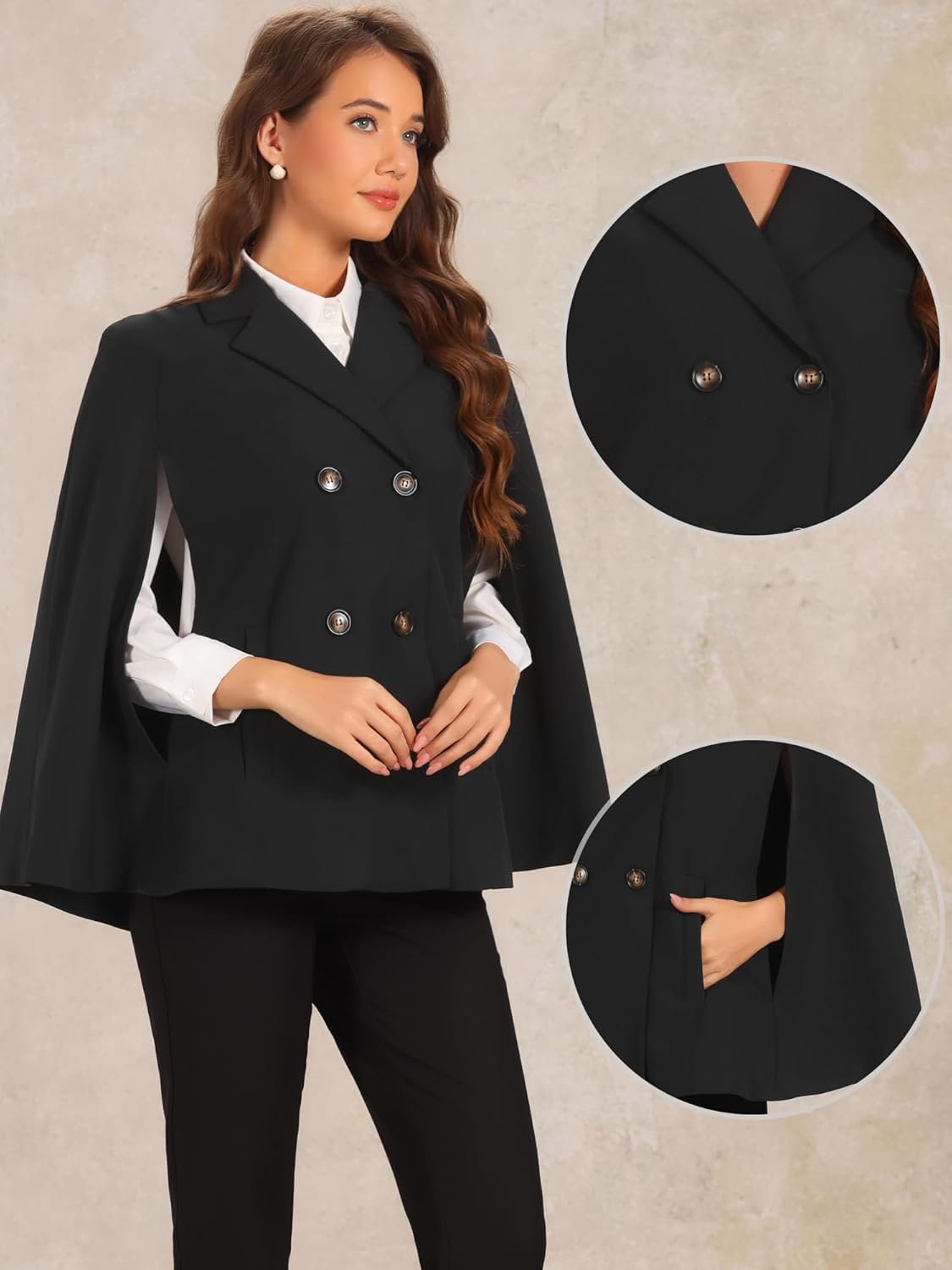 Allegra K Double Breasted Blazer for Women's Notched Lapel Collar Office Cloak Cape Jacket - Image 2