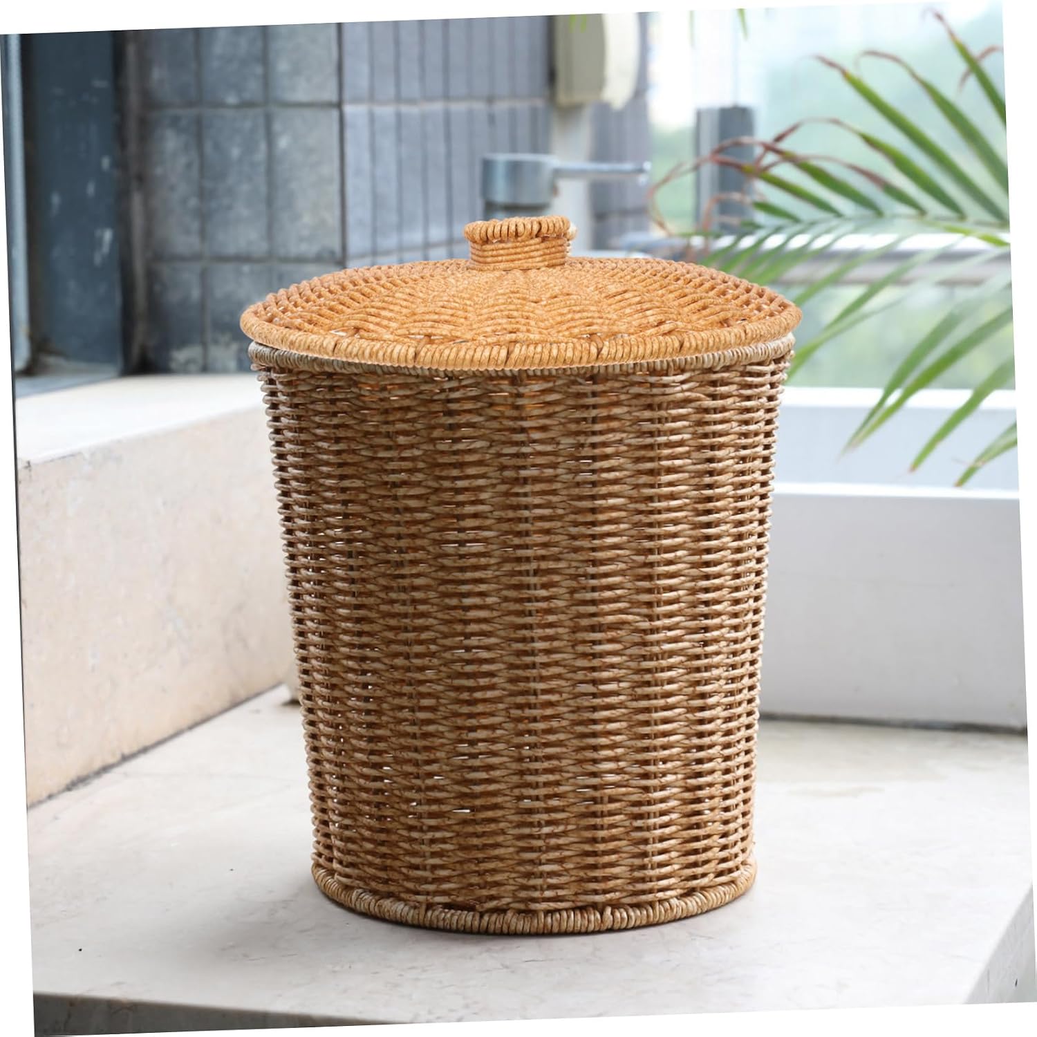 Plastic Storage Basket Lid with Imitation Rattan Brown
