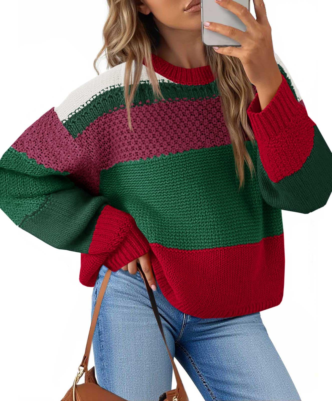 Saodimallsu Womens Color Block Cropped Sweaters 2025 Winter Trendy Casual Oversized Y2k Going Out Striped Pullover Tops