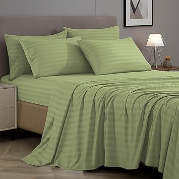 Elegant Comfort Super Silky Soft - 1500 Thread Count Egyptian Quality Luxurious Wrinkle, Fade, Stain Resistant 4-Piece STRIPE Bed Sheet Set, Queen Green