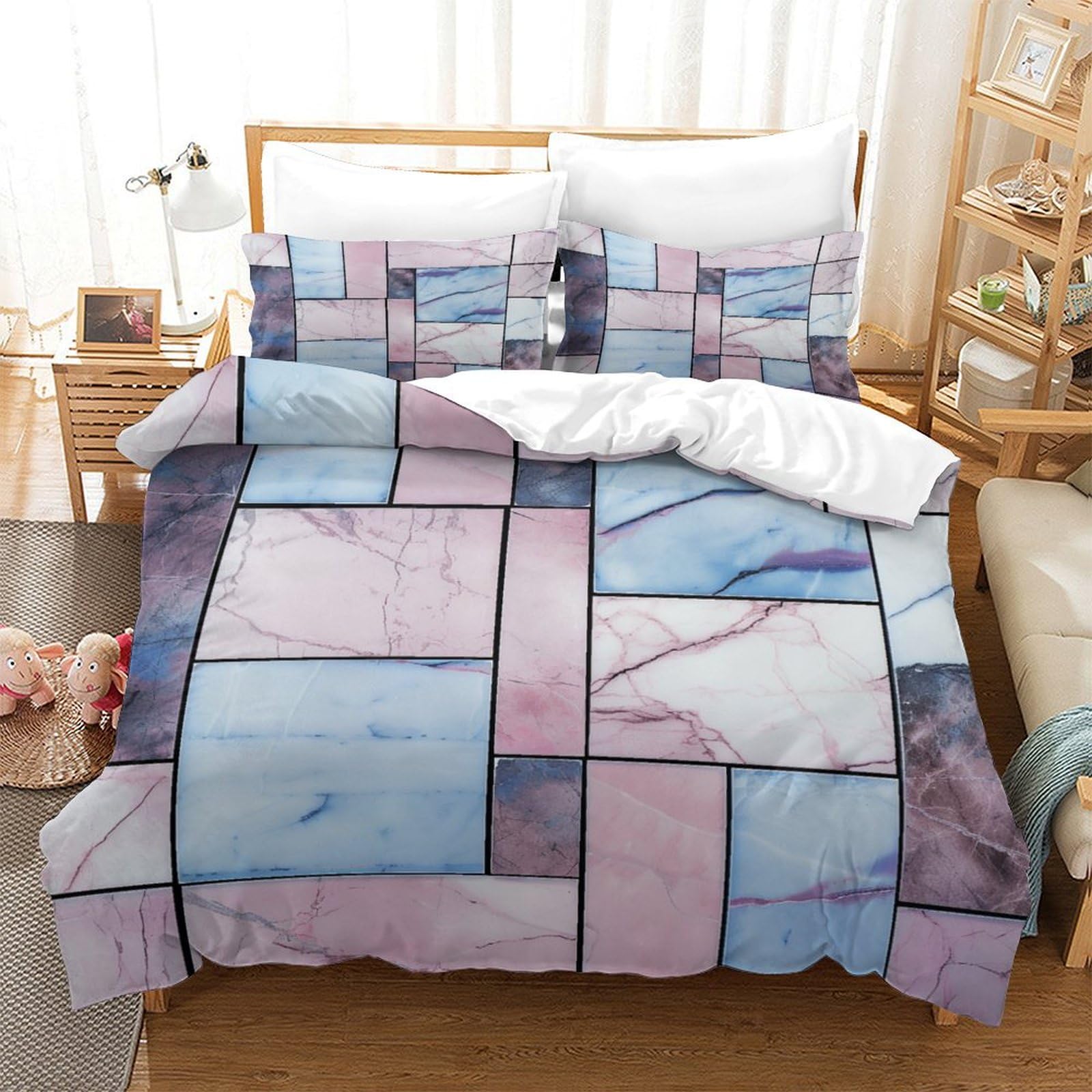 P1S9U7W5Y 3D Printed Modern Geometric Marble Duvet Cover Set 3pcs Microfiber Blue Patchwork Bedding Set Double（200x200cm）