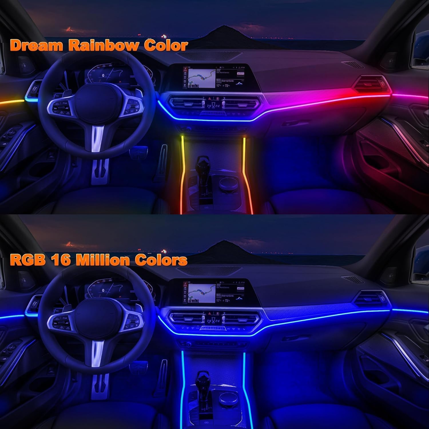 Car LED Strip Lights, Interior Acrylic LED Lights for Car with Dynamic Rainbow Dream Color Chasing, Ambient Lighting Kits Music Sync (10 in 1(4 * 29.5"+43.3"+14.5"+4 Footwell Lights))
