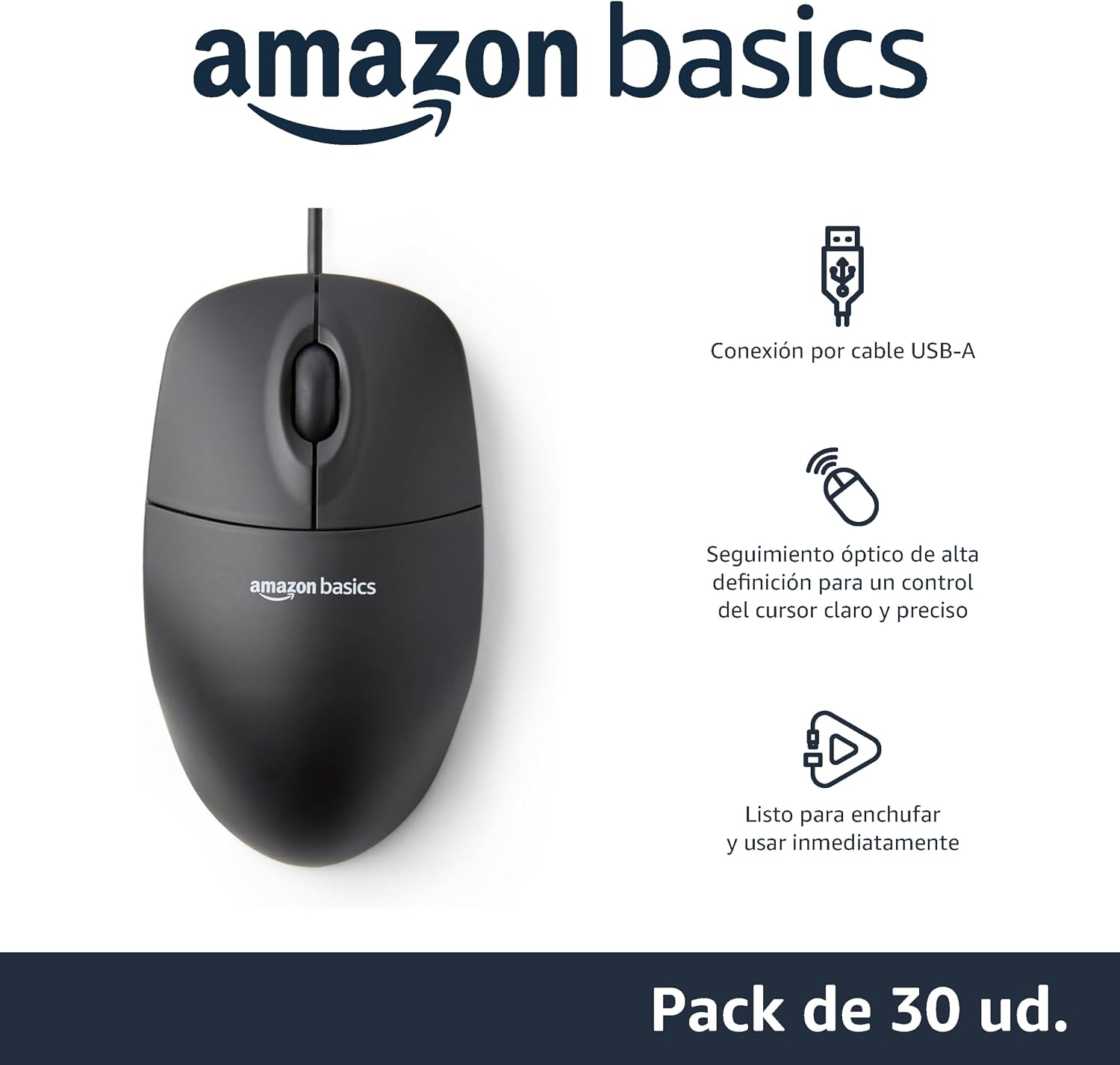 Amazon Basics Paquete de 30 Ratón con 3 Botones y Cable USB (Negro) 3