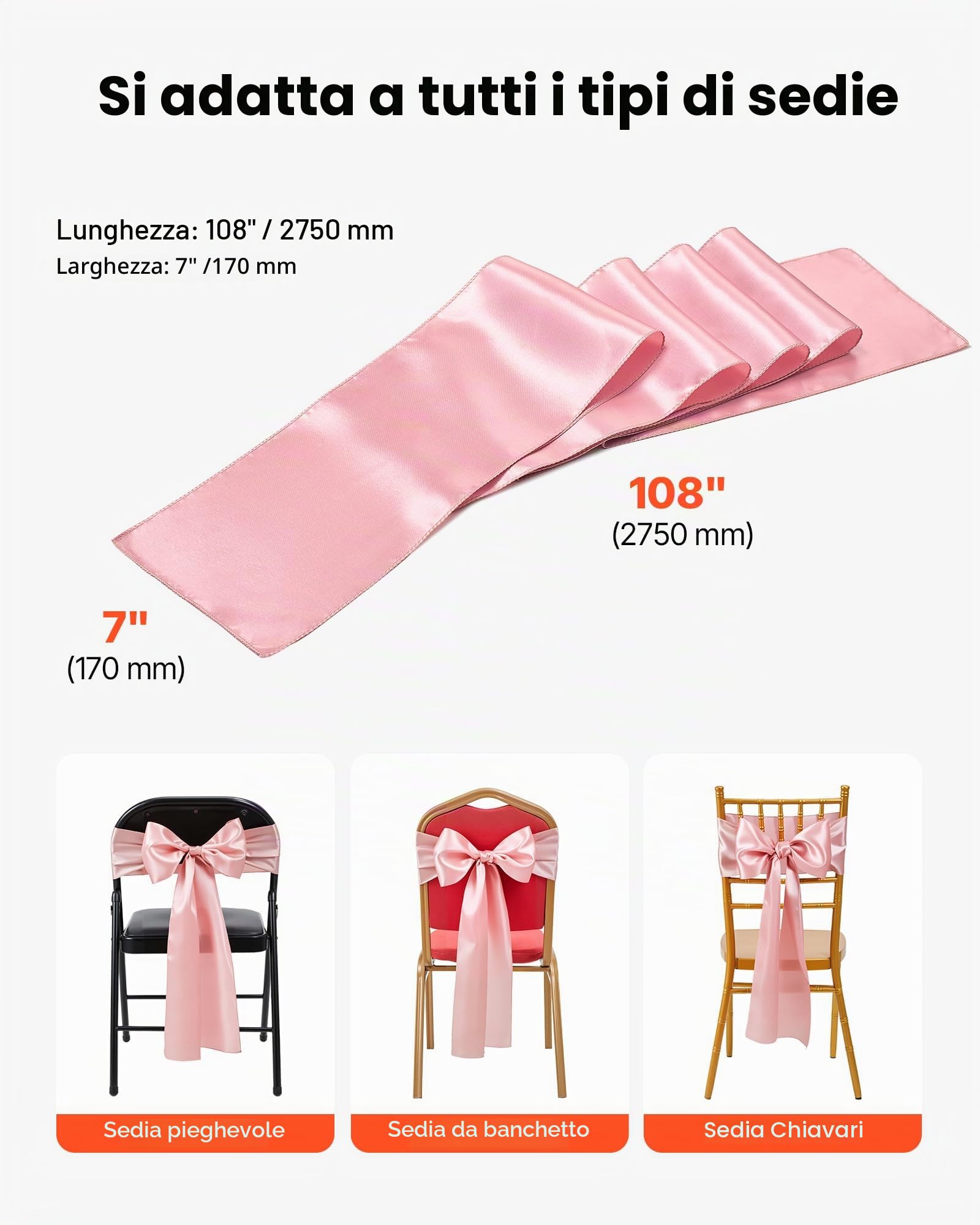 VEVOR Fasce per Sedie in Raso con Fiocchi, Fasce per Sedie per Legare, Nastri per Sedia Fiocchi di Nozze per Matrimoni, Feste, Banchetti, Coprisedie per Banchetti, 275 x 17 cm, 100 Pezzi Oro Rosa