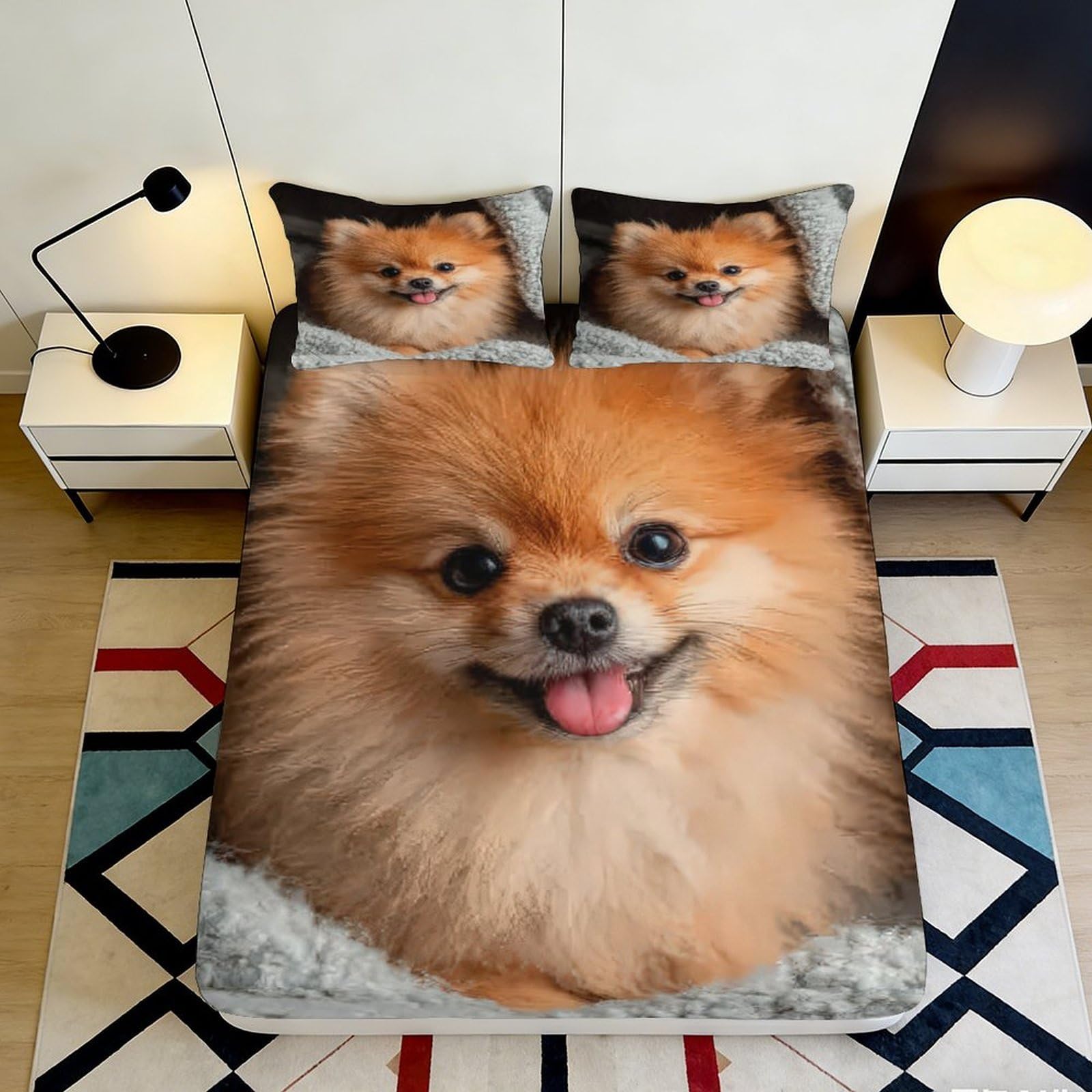3D Printed Cute Pomeranian Fitted Sheet Microfiber Soft Breathable Smiling Dog Bed Cover for Bedroom Dormitory Guest Room Mattress Protection 200x200x25cm