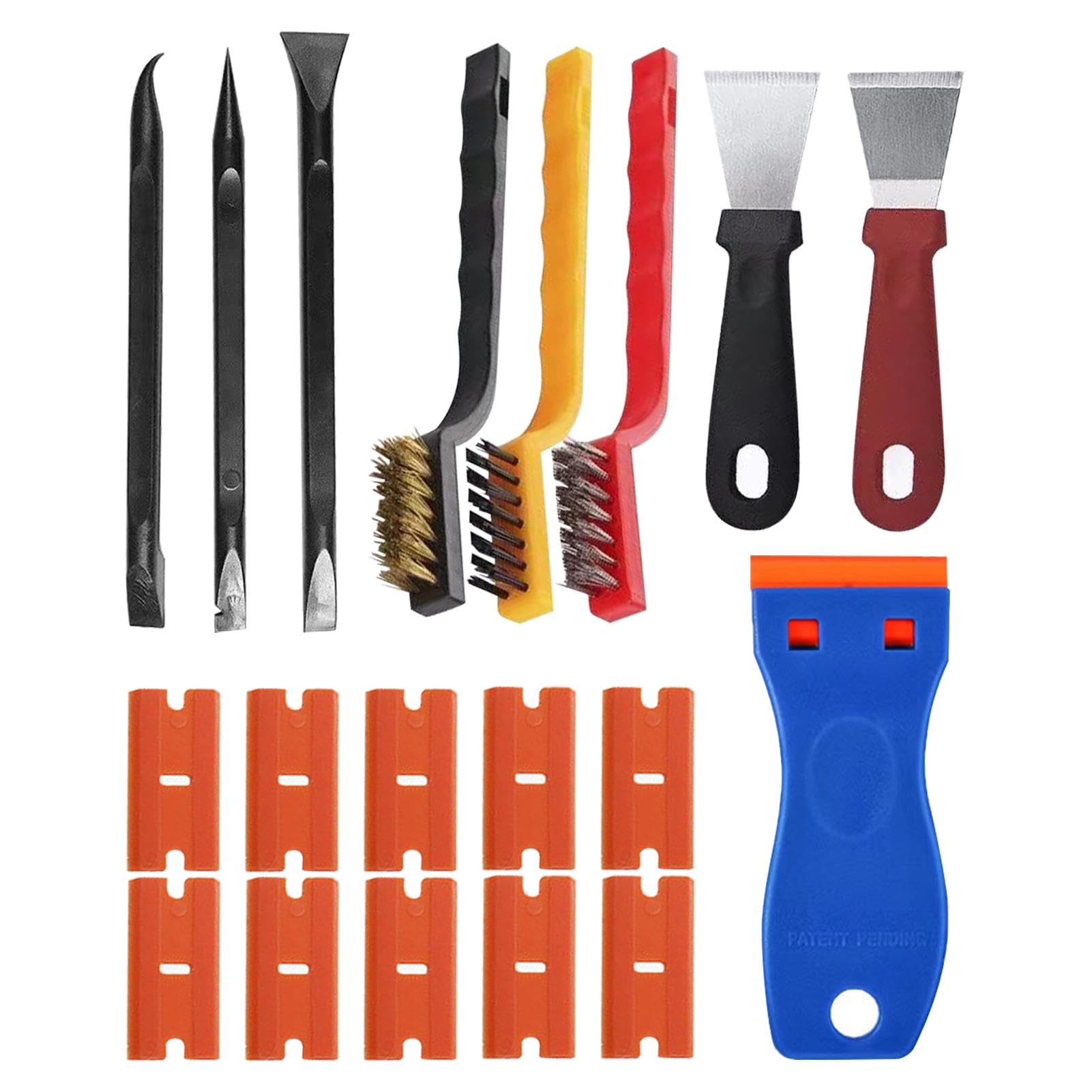 19Pcs Non-Scratch Scraper Tool Set -Multi-Purpose Cleaning Kit with 10 Replacement Blades, 2 Oven Scrapers & 3 Wire Brushes for Removing Stickers, Labels, Paint, Stains on Glass, Appliances, Furniture