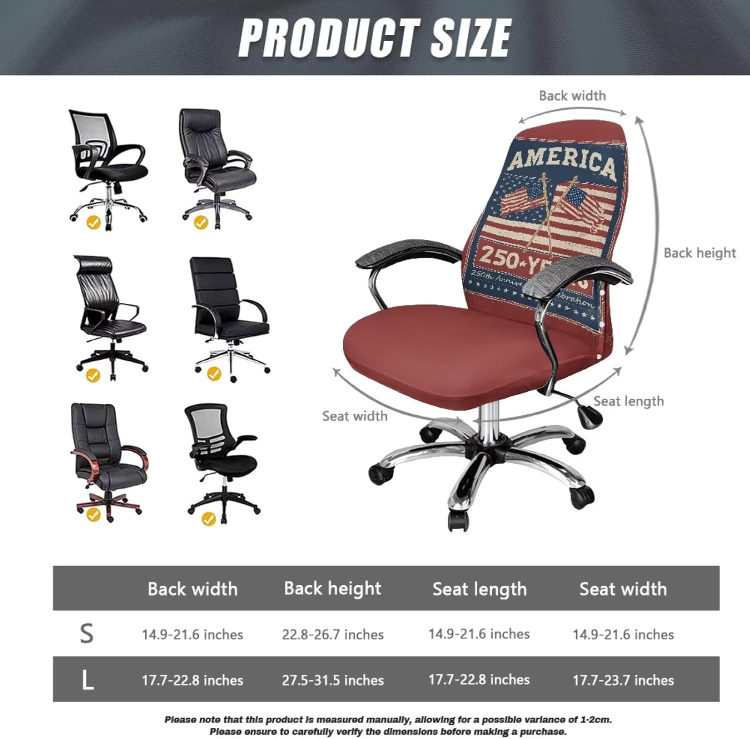 Wanyint America 250 Years Red Office Chair Cover Universal Computer Chair Slipcover High Back Computer Chair Cover for Boss Rotating Chairs Washable 4th of July Patriotic Decor, S